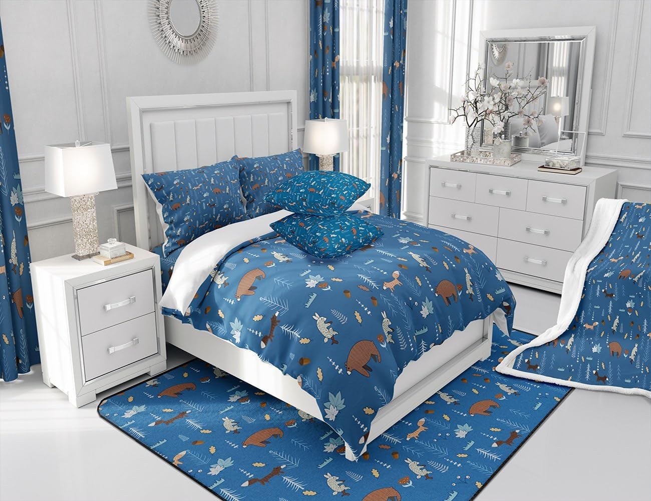 Juego de edredón de oso tamaño individual, juego de ropa de cama de animales de dibujos animados azul marino para niños, lindo juego de edredón de