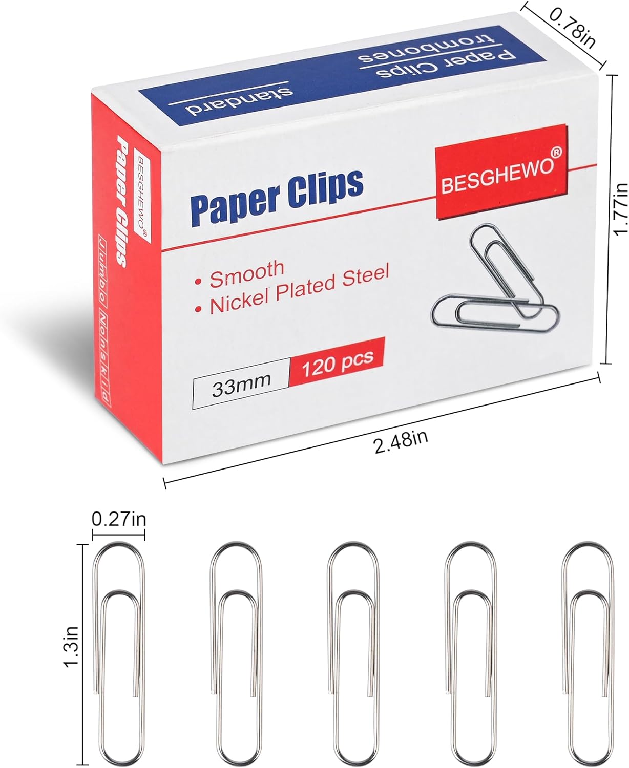Clips de papel de 720 piezas, clips de papel de tamaño mediano, suministros de oficina, clips de papel lisos n. 1 tamaño estándar (6 cajas de 120
