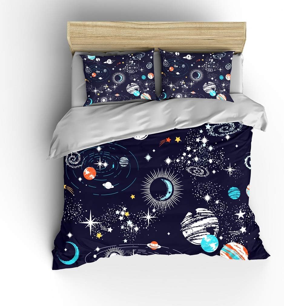 SHOMPE Galaxy Space – Juego de funda de edredón para niños, tamaño King, color azul marino, universo de aventura, estrellas, juego de ropa de cama