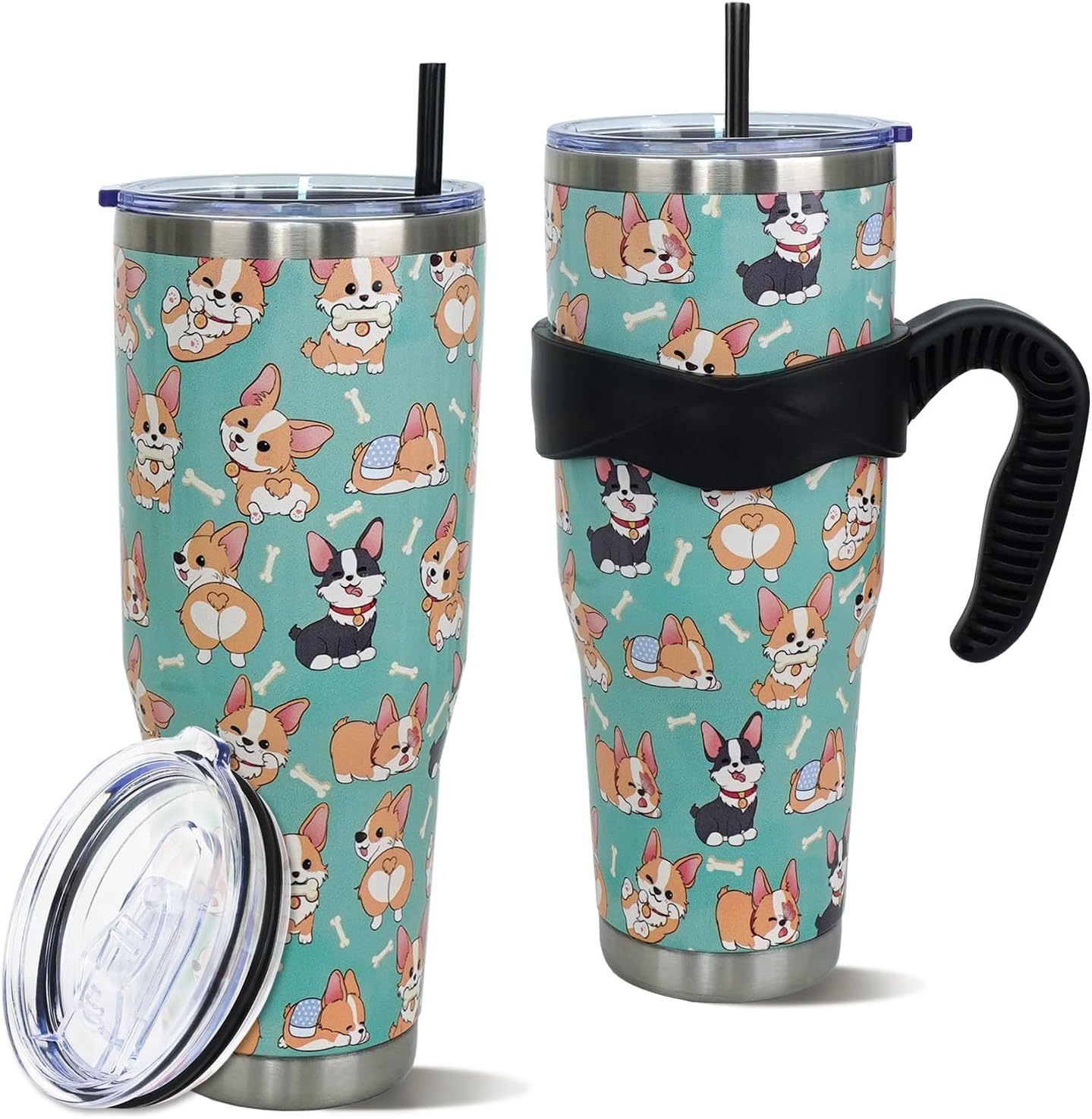 Vaso de 40 onzas con asa y pajita, botella de agua Corgi Stuff de acero inoxidable con aislamiento de Corgi, taza de viaje de café Corgi, regalos