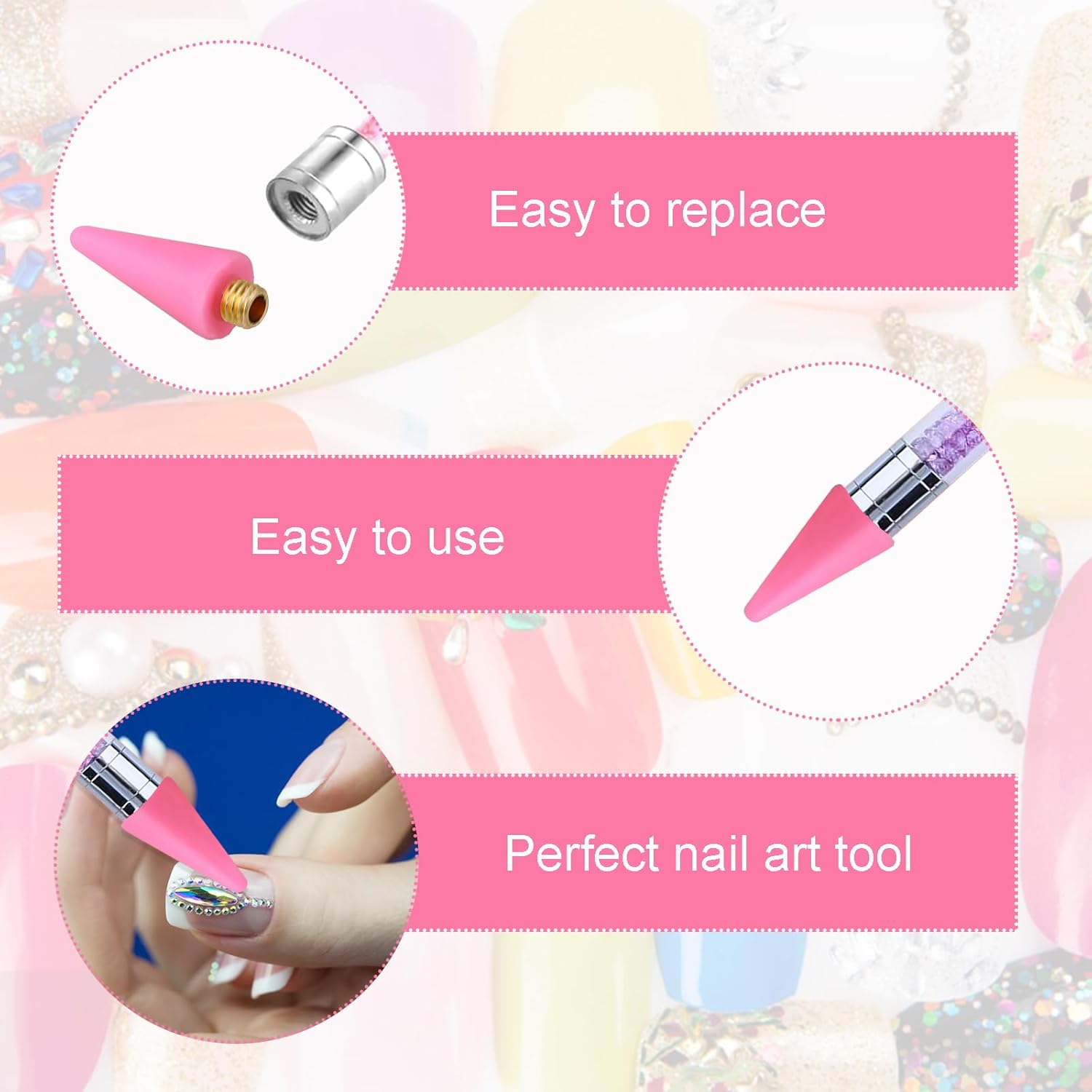 12 piezas de puntas de cabeza de repuesto de cera de diamantes de imitación, herramienta para puntear de uñas, para recoger gemas de uñas, lápiz de