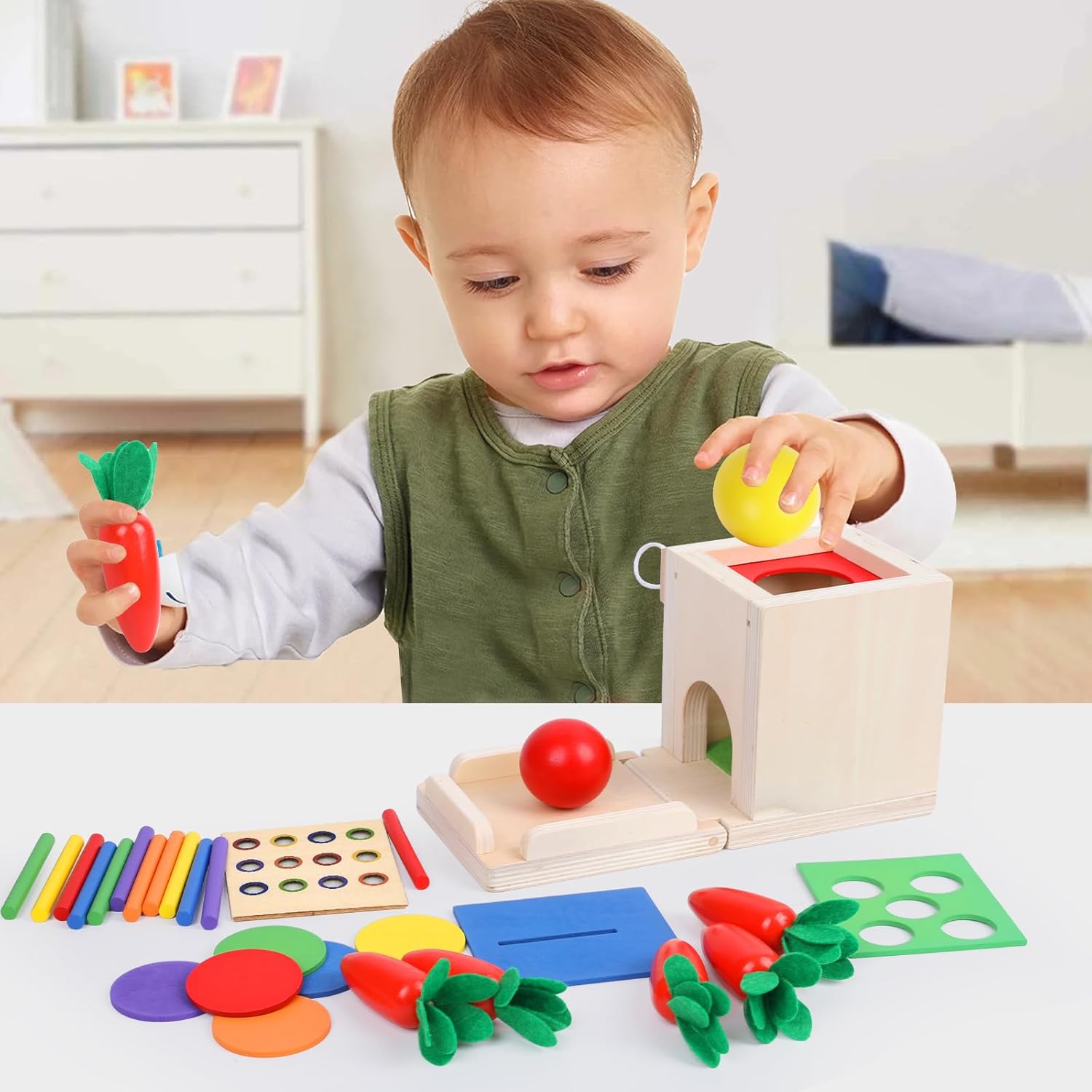 Wooden Montessori Toys Toddlers Play Kit, 4-in-1 Object Permanence Box, Coin Box, Carrot Harvest, Color Match Sticks Drop Game, Educational Learning