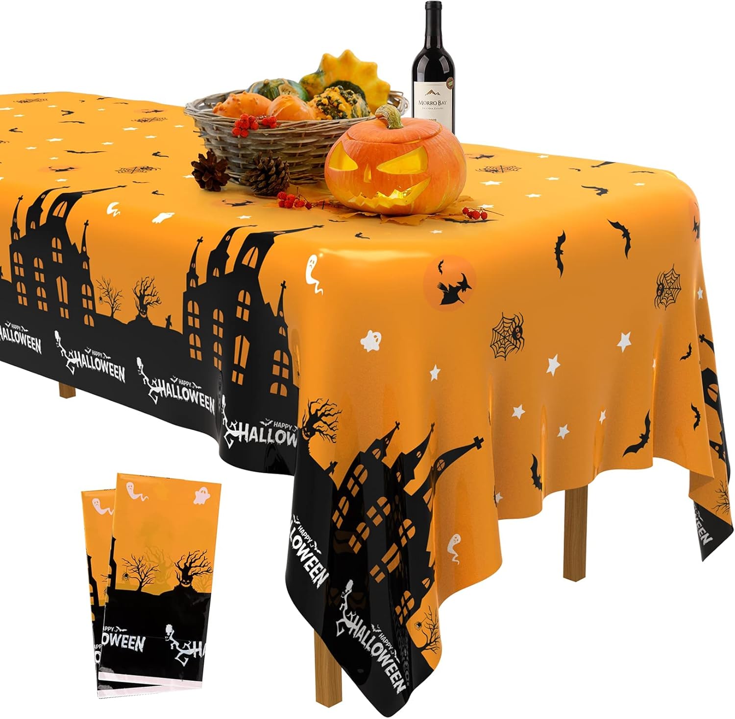 Decoraciones de Halloween para decoración de fiesta de interiores, 2 manteles de plástico desechables de 54 x 107 pulgadas para Halloween