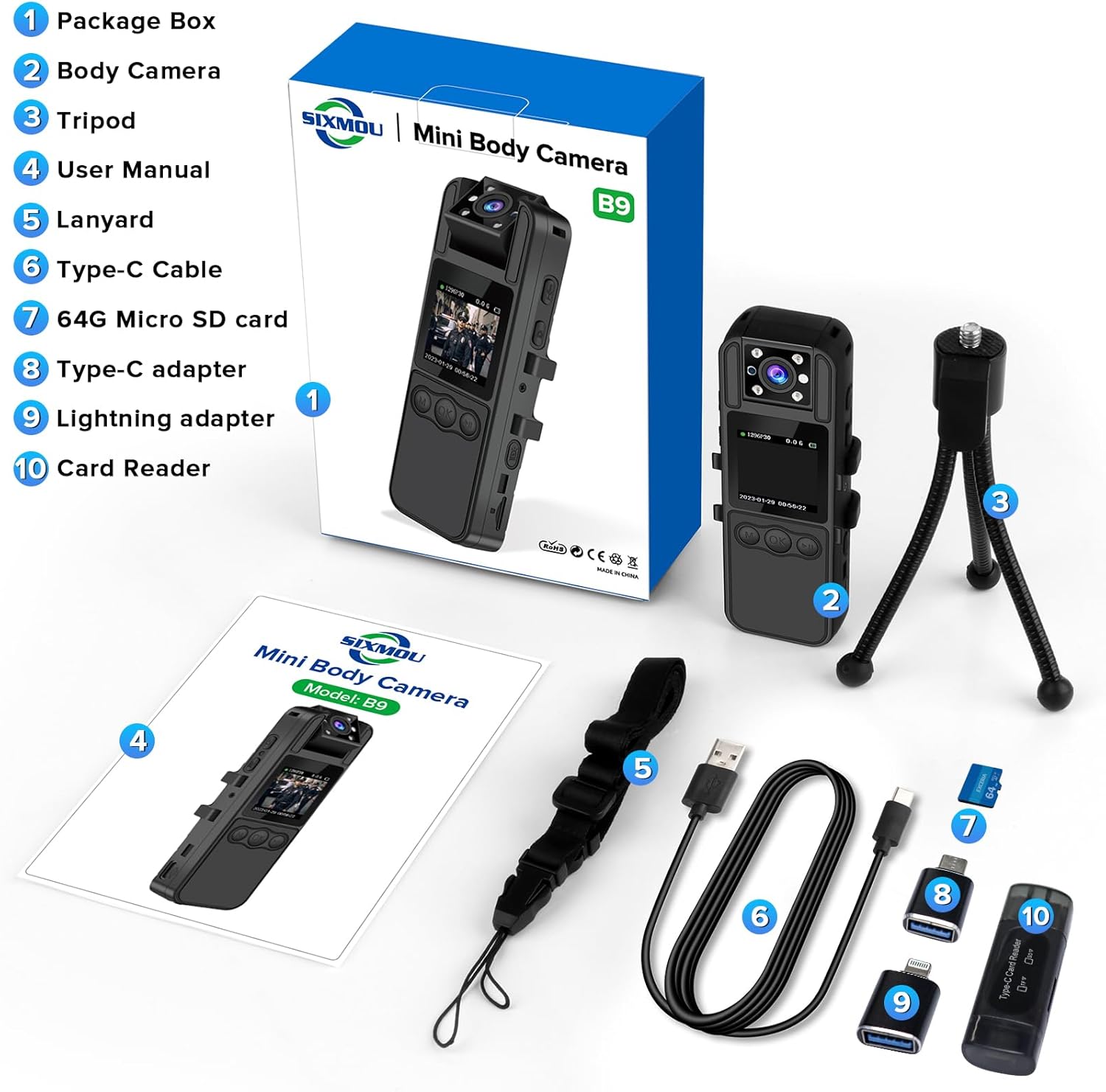 Sixmou Cámara corporal con grabación de audio y video, cámara corporal HD 1296P de 6 horas con lente giratoria de 180, visión nocturna, videocámara