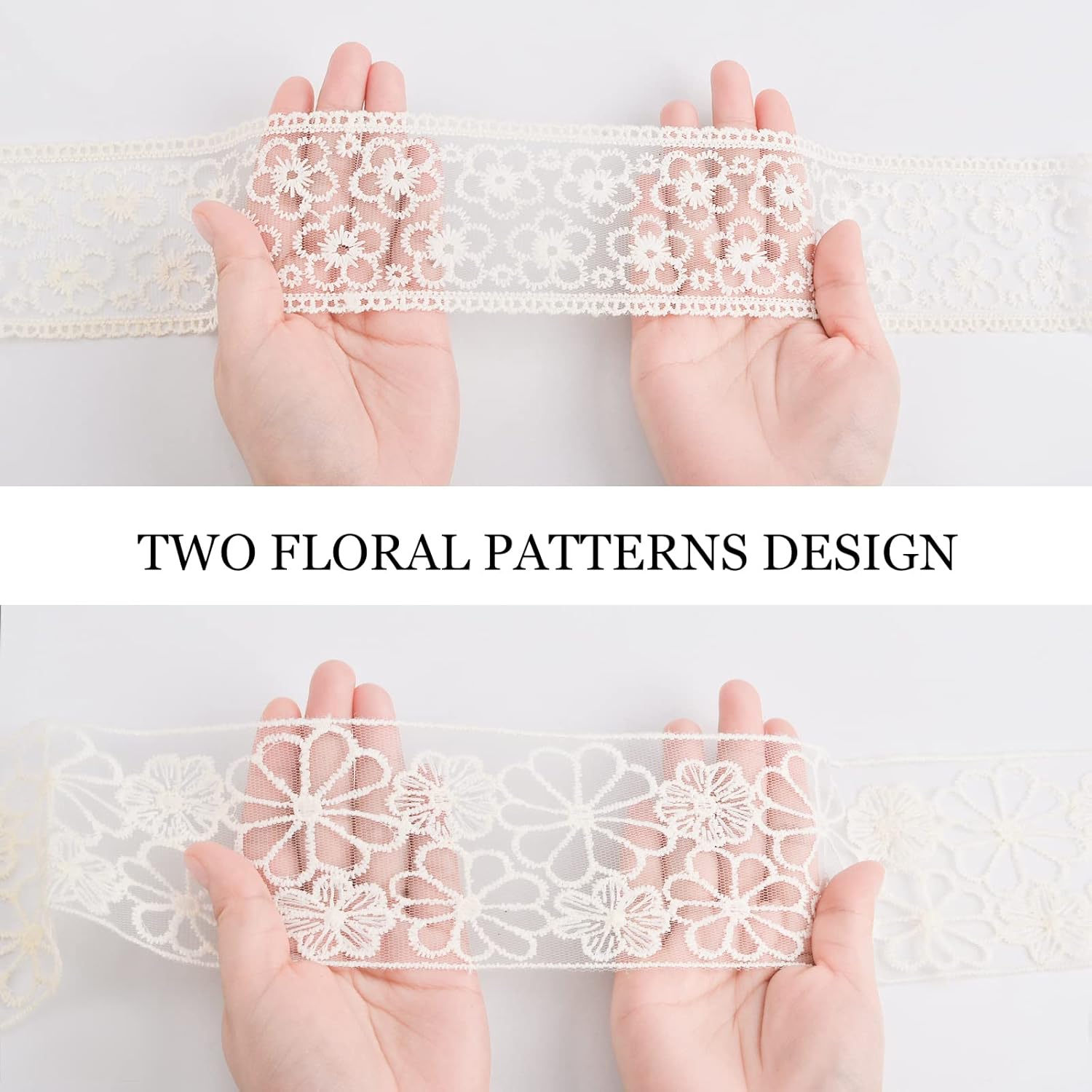 URROMA Cinta bordada beige, 2 estilos con patrón floral de malla de encaje, apliques de costura para ropa, cortinas, decoración de caminos de mesa,