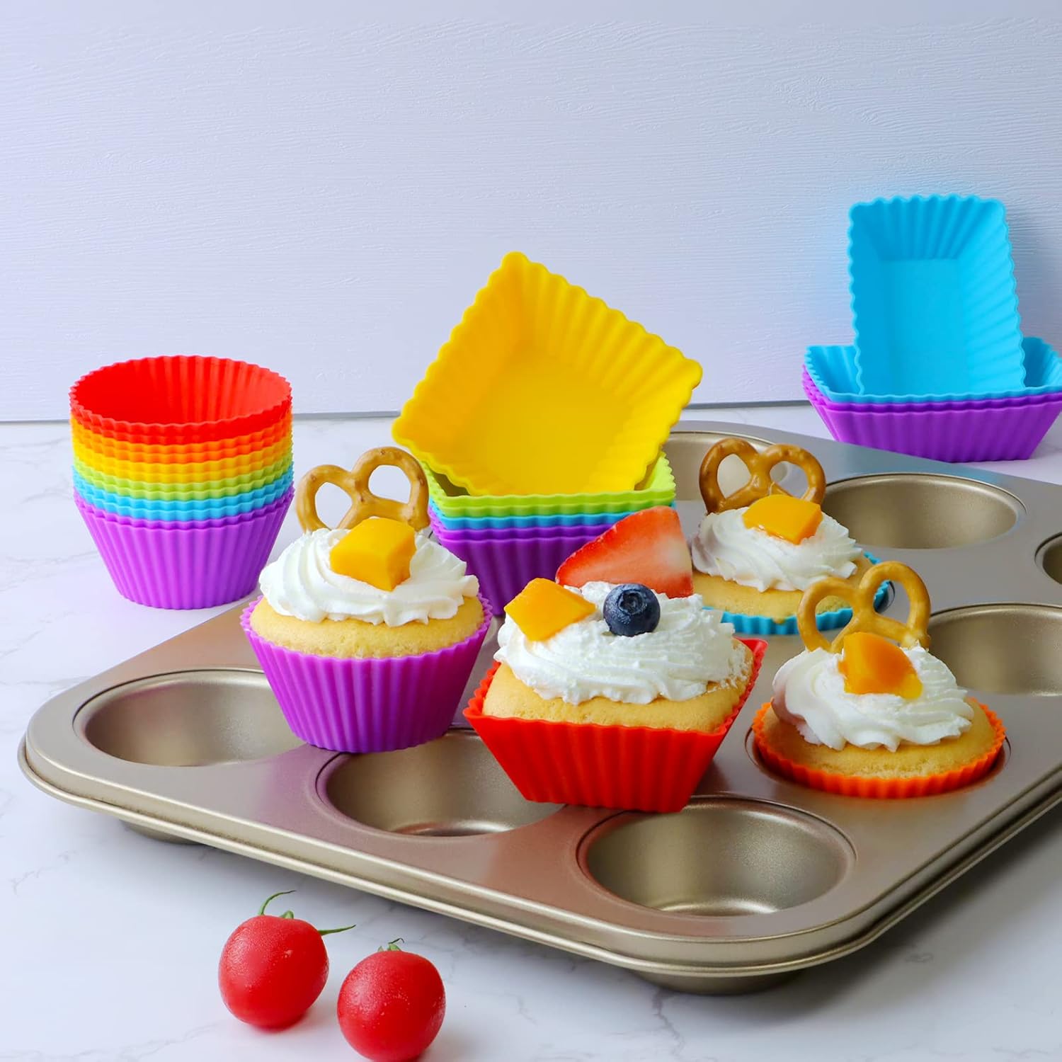Paquete de 12 forros de silicona para magdalenas, tazas reutilizables para hornear muffins, molde de silicona de grado alimenticio, divisor de