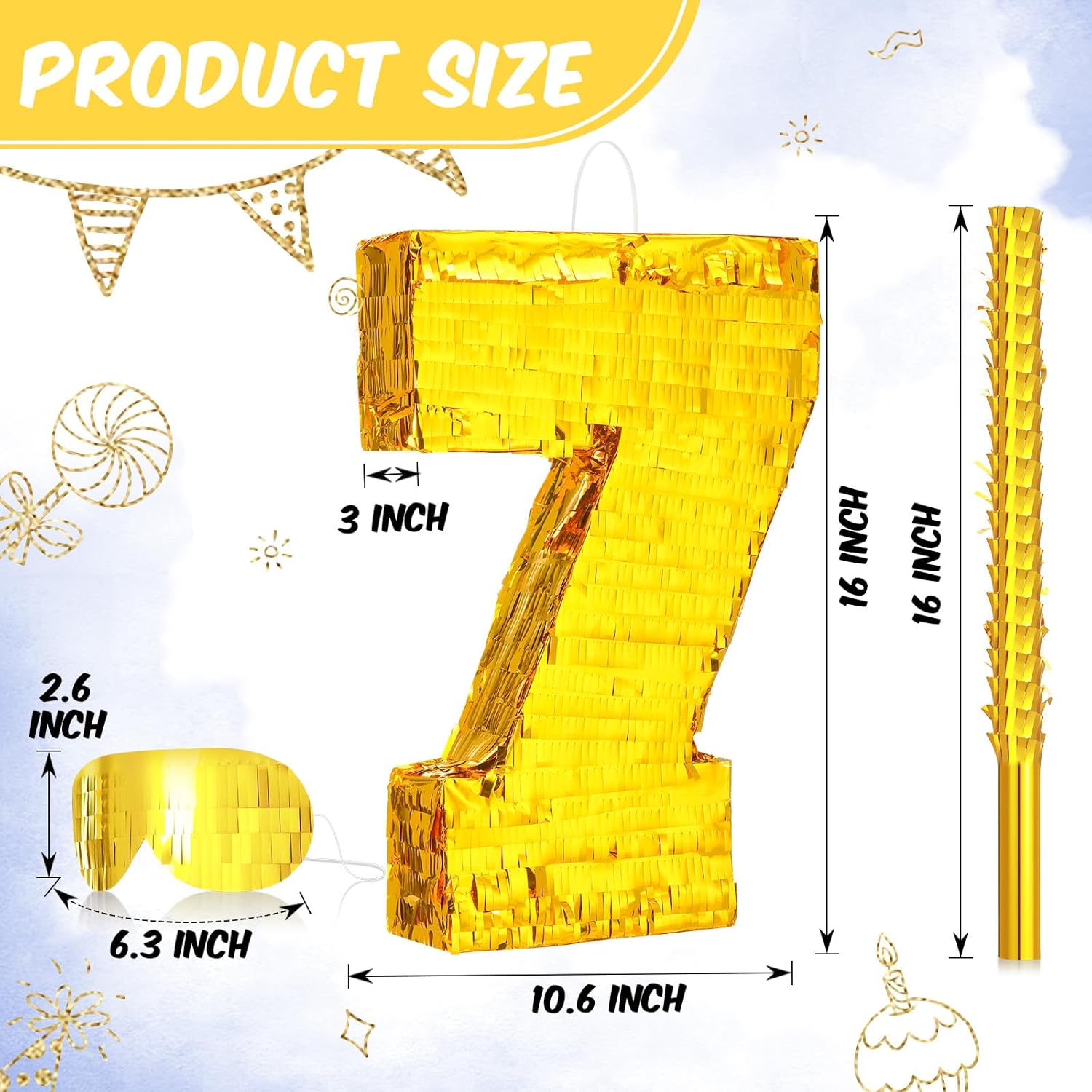 Sratte Piñata con número, decoración de piñata de cumpleaños, piñata de lámina dorada con palo, confeti para niños y niñas, decoraciones de fiesta