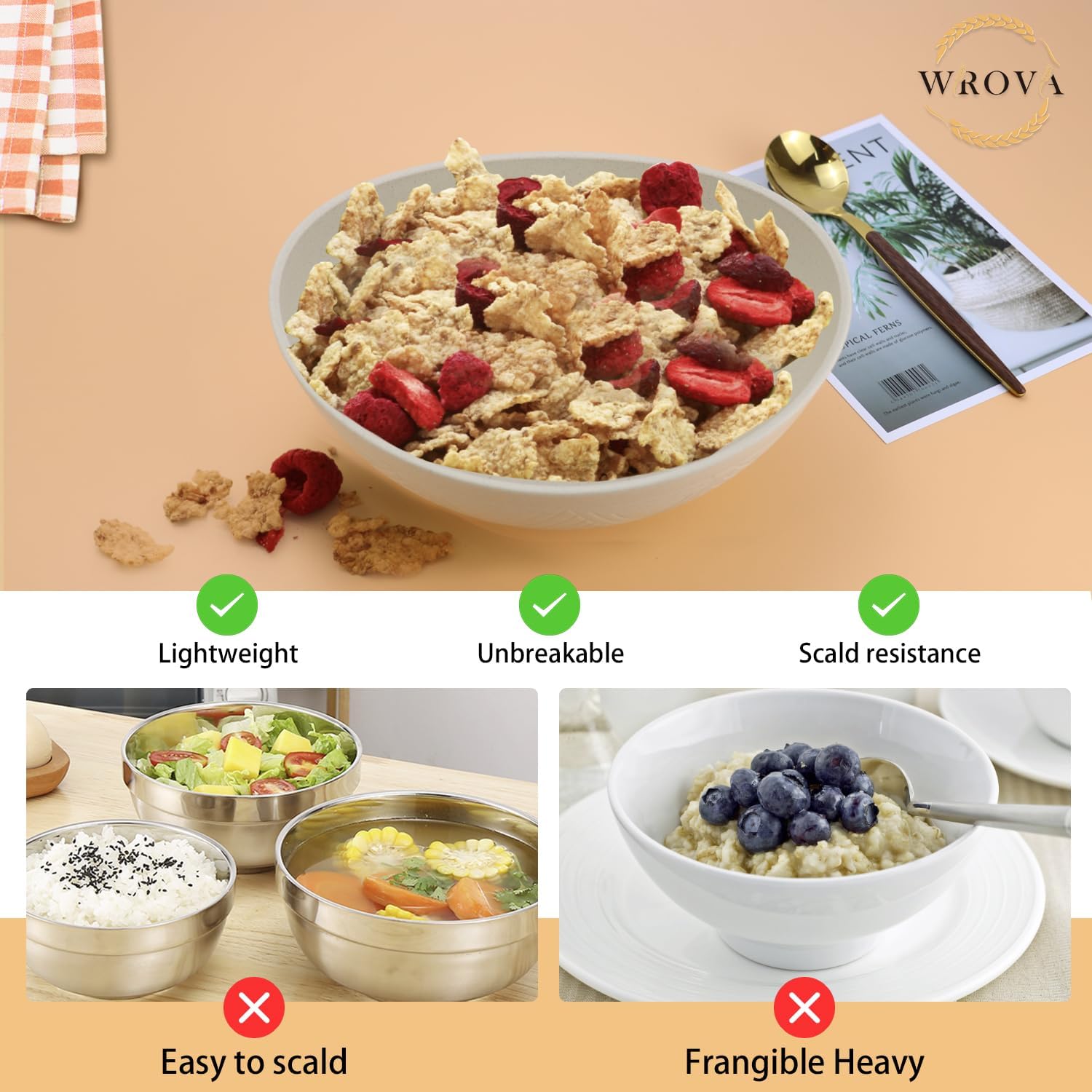 Juego de 6 cuencos grandes para ensalada de 65 onzas, cuencos de paja de trigo, irrompibles, aptos para microondas y lavavajillas, cuencos de cocina