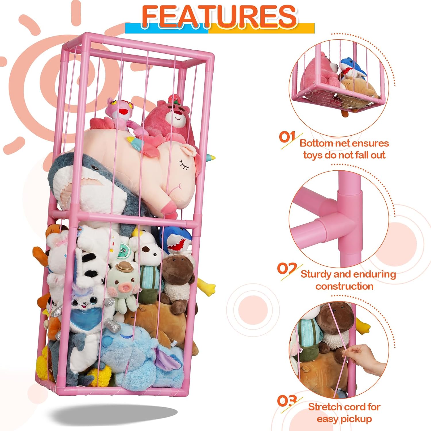Lzttyee Soporte de almacenamiento de animales de peluche, ideas de almacenamiento de animales de peluche, almacenamiento de felpa con red inferior,