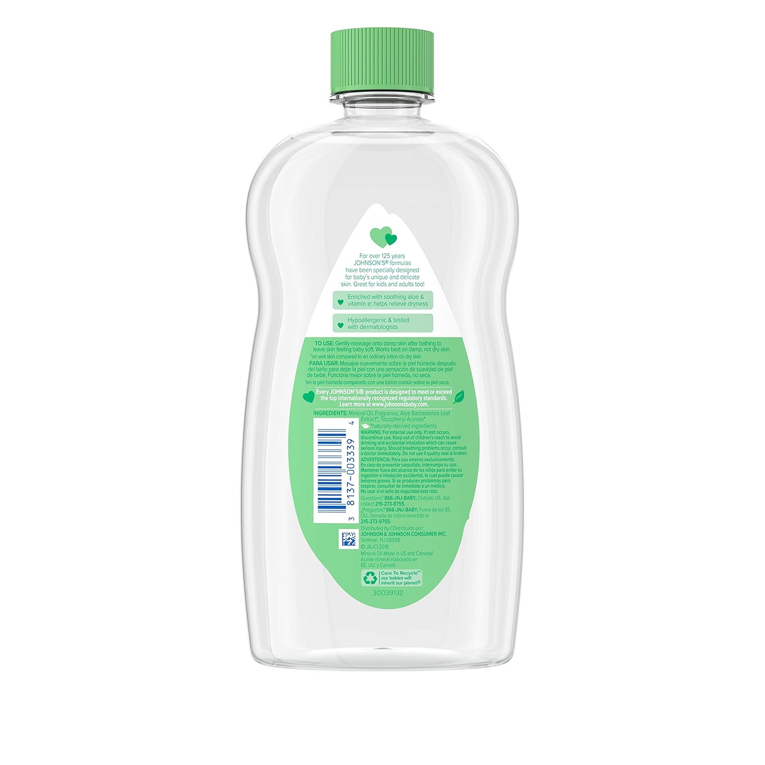 Johnson’s – Aceite para bebé, aceite mineral enriquecido con aloe vera y vitamina E para evitar la pérdida de humedad, hipoalergénico, 20 onzas