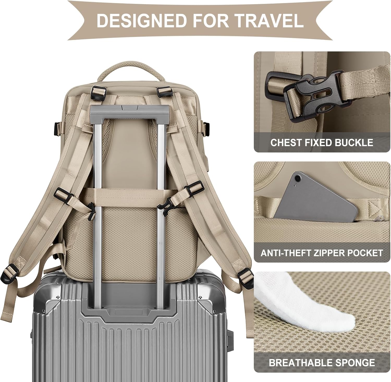 coowoz Mochila de viaje grande para mujeres y hombres,Mochila de transporte,Mochila de senderismo impermeable para deportes al aire libre, Caqui,