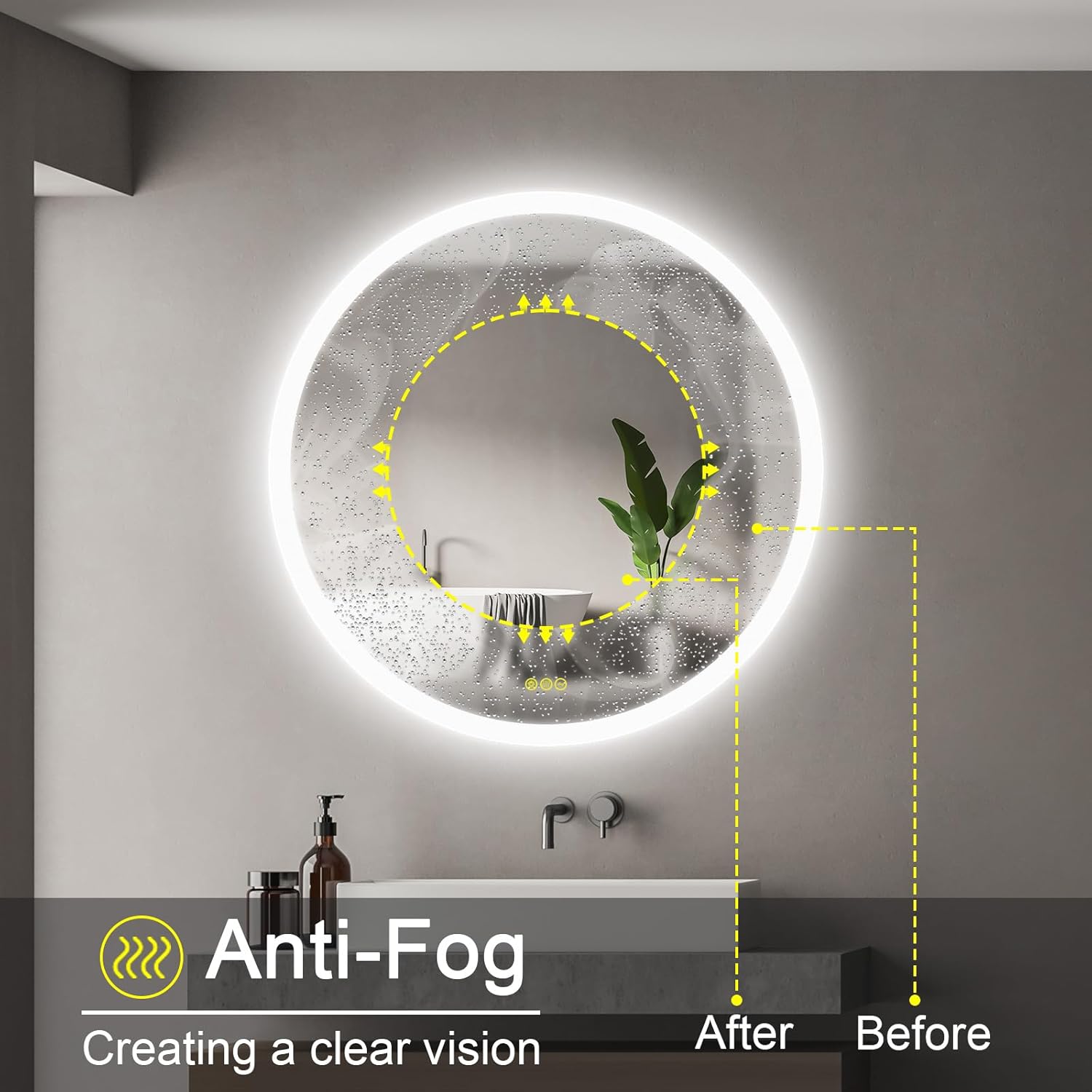 CITYMODA Round Bathroom Mirror LED 36 inch Led Mirror Anti-Fog, Stepless Dimmable, 3 Temperature, Memory Bathroom Vanity Mirror with Lights CRI90+