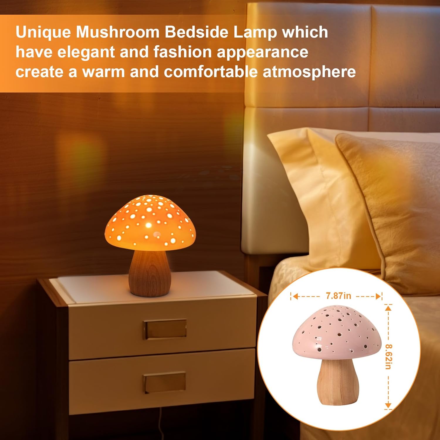 KAiSnova Lámpara de seta pequeña lámpara de mesita de noche, lámpara de escritorio de cerámica rosa, lámpara de mesita de noche única, luces