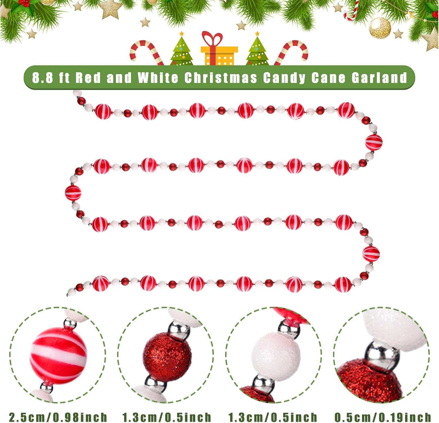 Guirnalda de bastones de caramelo de Navidad de 8.8 pies, con diseño de remolino, rojo y blanco, guirnalda de cuentas de Navidad, guirnalda de