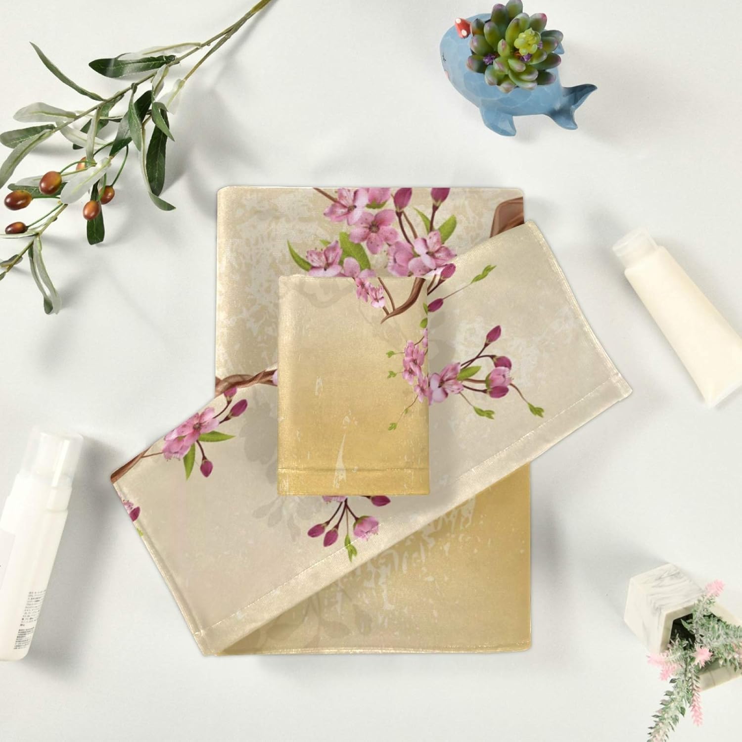 ALAZA Juego de toallas de baño, ramas de cerezo en flor con flores y hojas, toallas de 3 piezas, 1 toalla de baño, 1 toalla, 1 toalla de mano, juego