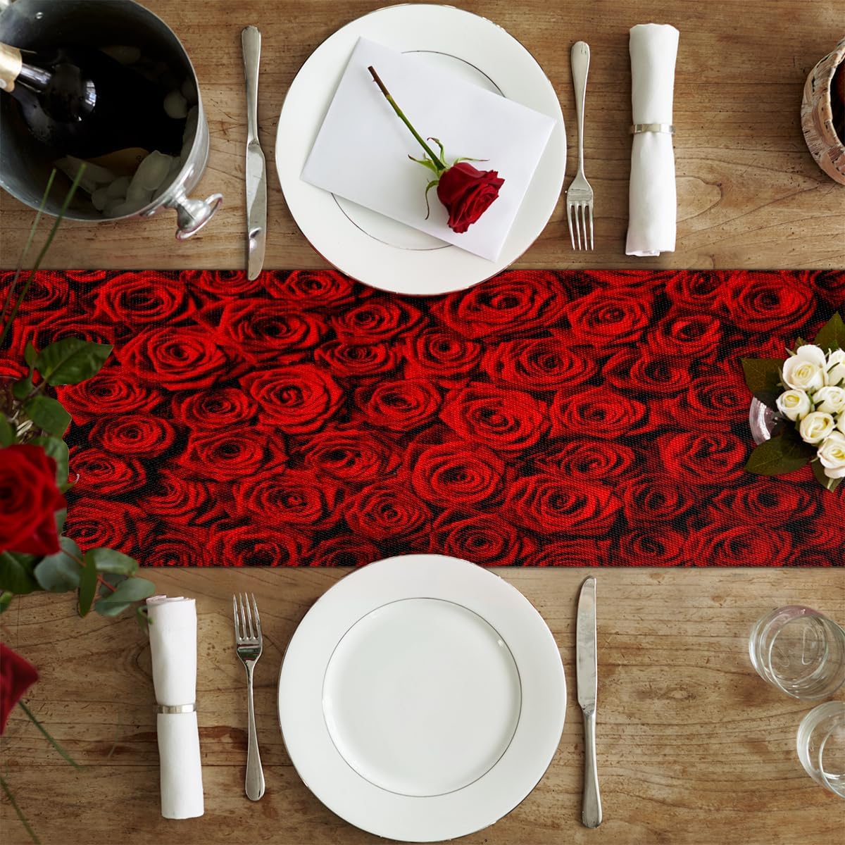 Camino de mesa con rosas de San Valentín, mantel de lino rústico para cocina de granja, cena, eventos, fiesta, decoración de mesa de vacaciones, 13