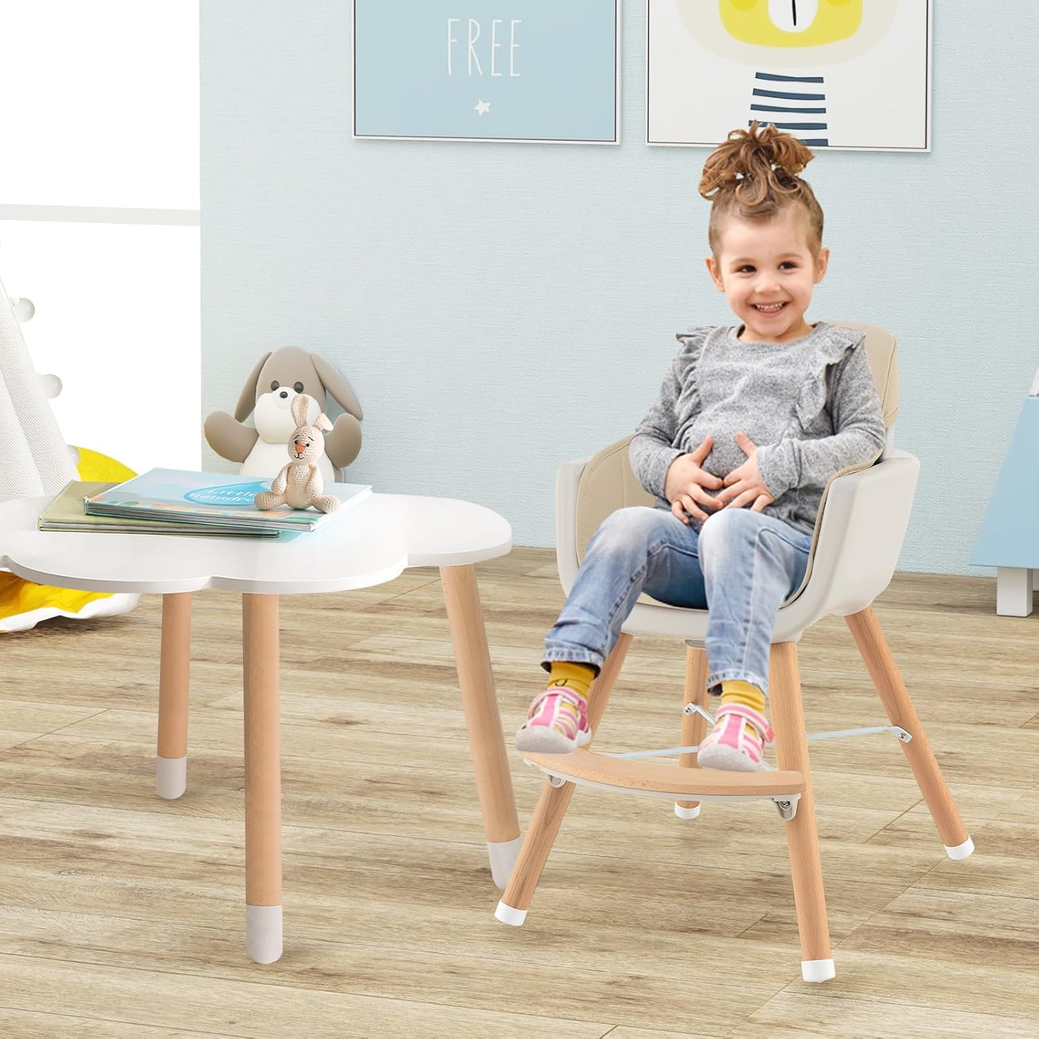 BABY JOY Silla alta convertible para bebé, silla alta de madera 3 en 1 con bandeja extraíble, patas ajustables, arnés de 5 puntos, cojín de
