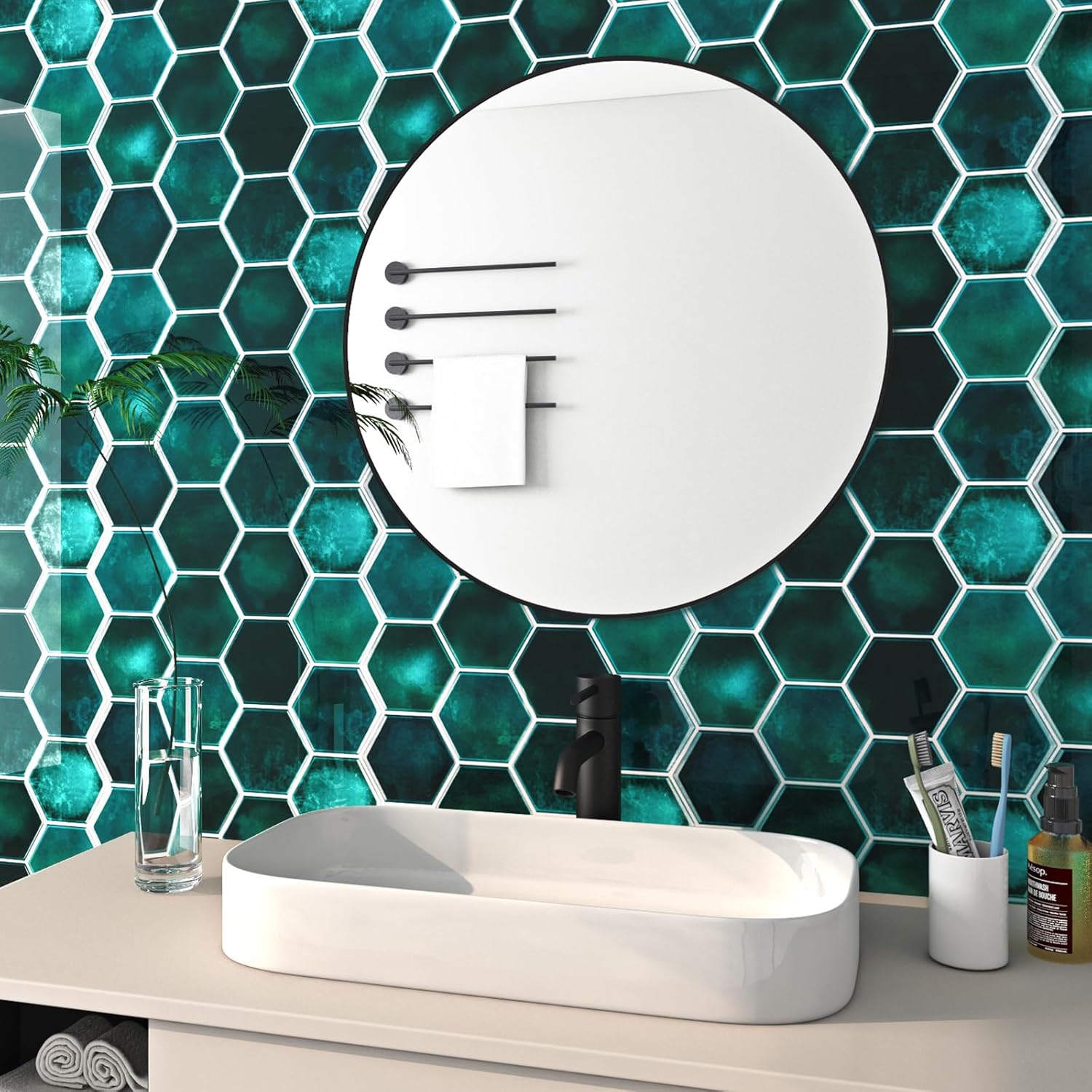FunStick 15 azulejos de azulejos de color verde esmeralda, despegar y pegar, para cocina, baño, 12 x 12 pulgadas, hexagonales, para salpicaduras,