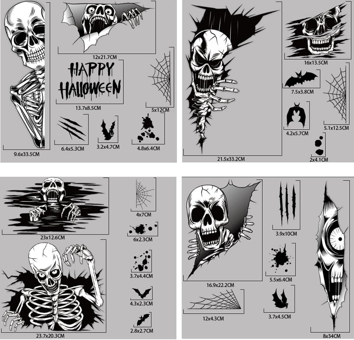 4 calcomanías de calavera de Halloween para ventana, calcomanías de pared de esqueleto de doble cara, extraíbles de Halloween, esqueleto de calavera