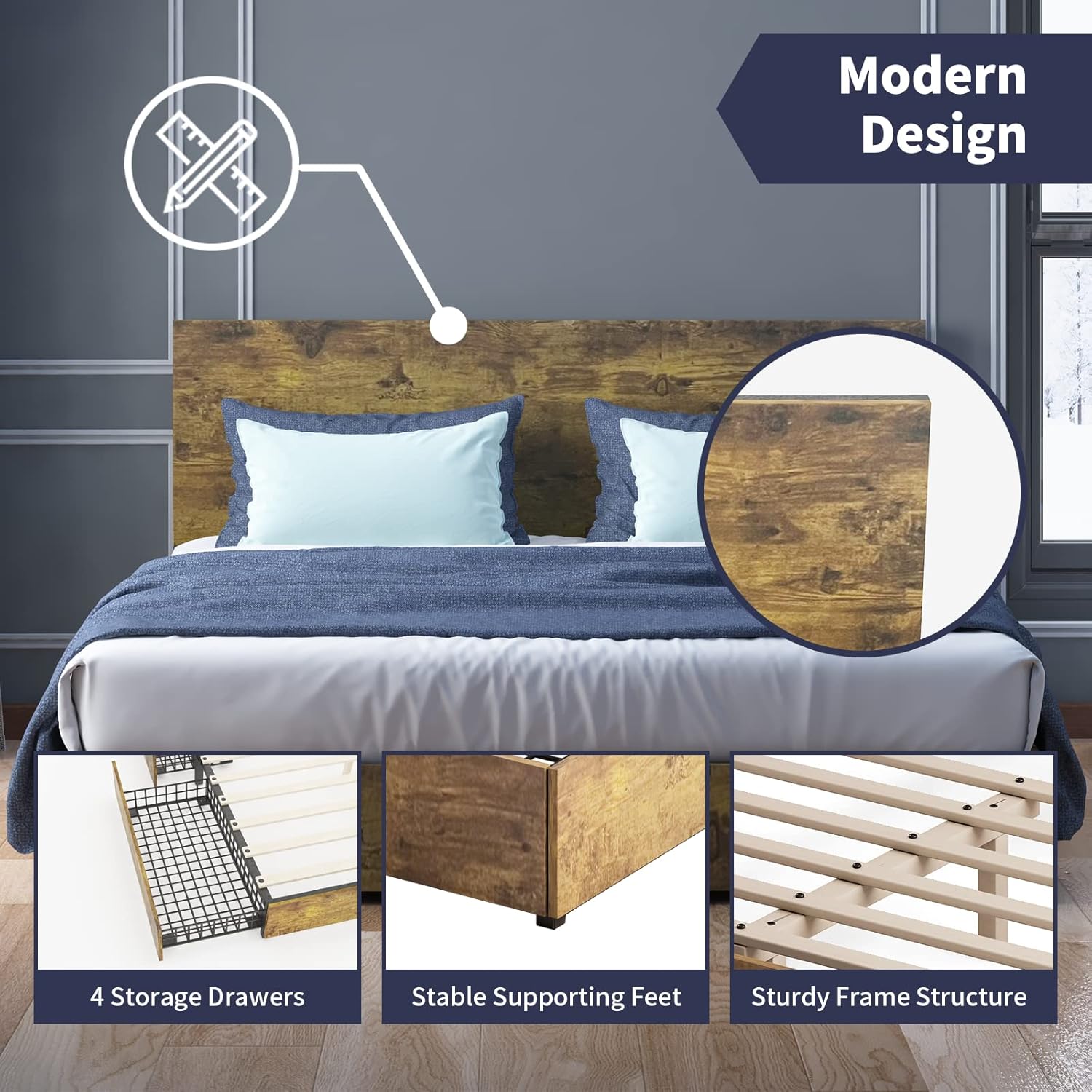 ZAFLY Base de cama de plataforma de tamaño matrimonial, marco de cama de madera industrial con cajones de almacenamiento y cabecera de madera,