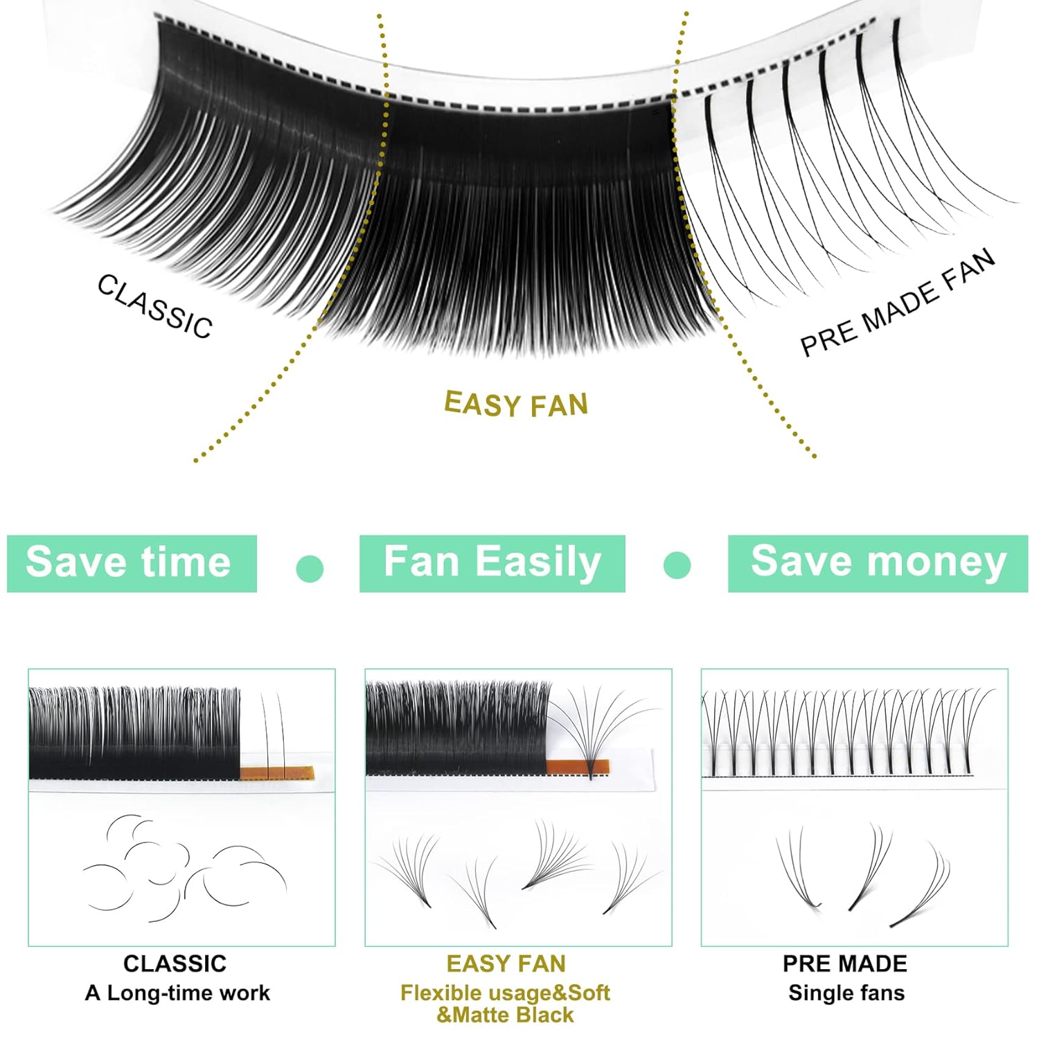 Extensiones de pestañas para dar volumen D-0.07-12, extensiones de pestañas de volumen de abanico de fácil aplicación, extensiones de pestañas de