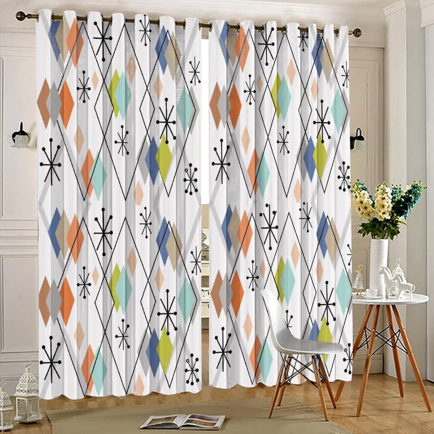 Europen – Cortinas opacas modernas de mediados de siglo, fondo abstracto, estampado de diamantes coloridos de mediados de siglo, tratamiento de