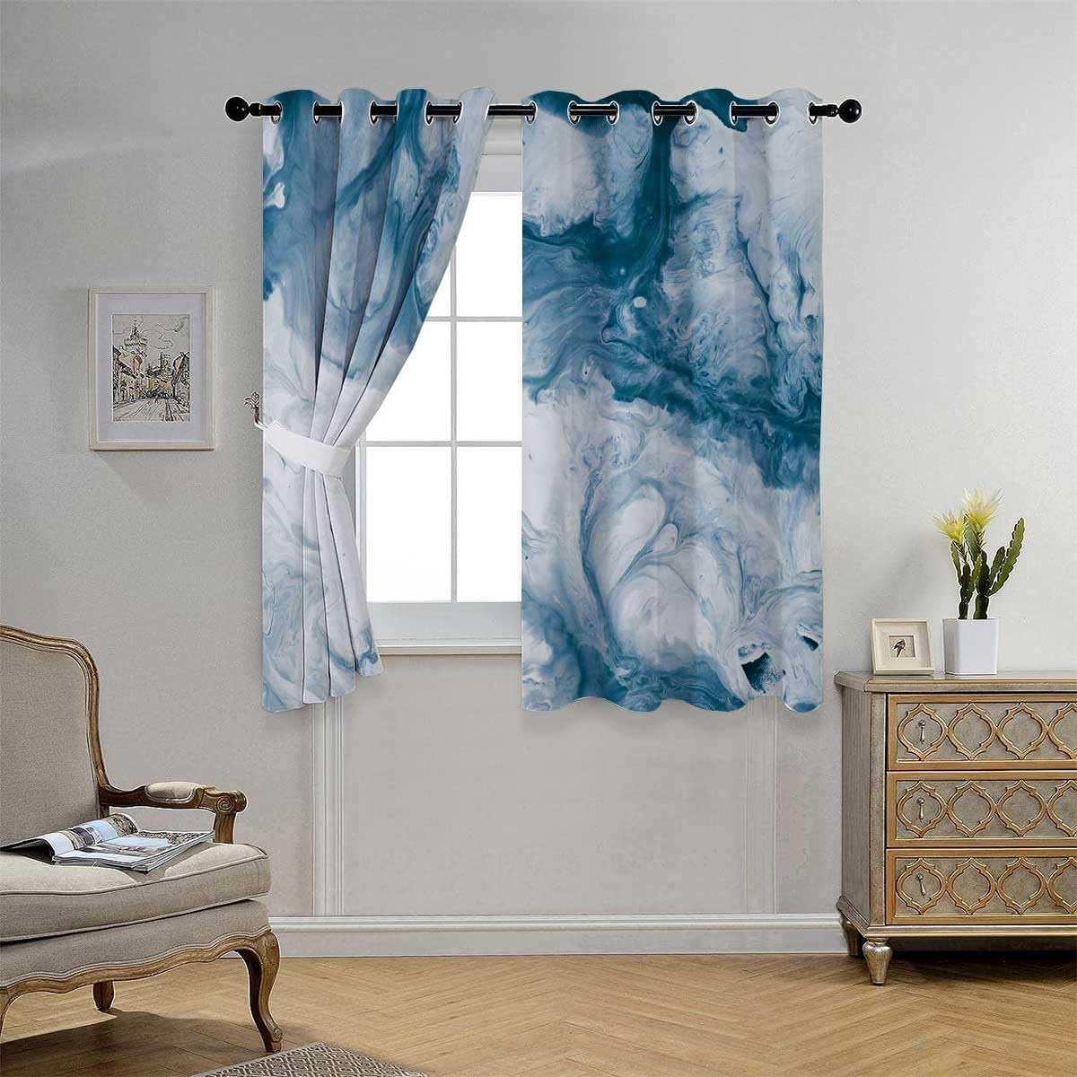 YANFENQI Cortinas para Habitacion Blue Imitation Marble Thermal Door Cover Drapes 63Inch Width by 63Inch Length,2 Panels