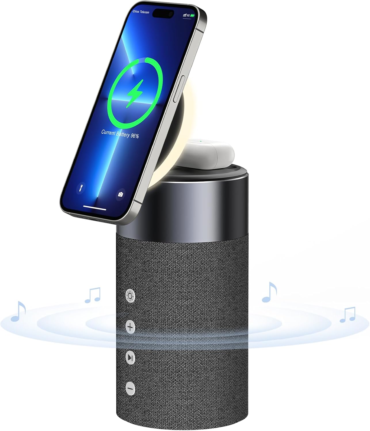 COLSUR Altavoz Bluetooth, cargador inalámbrico magnético, altavoces Bluetooth con luz nocturna, estación de carga inalámbrica 2 en 1 para iPhone