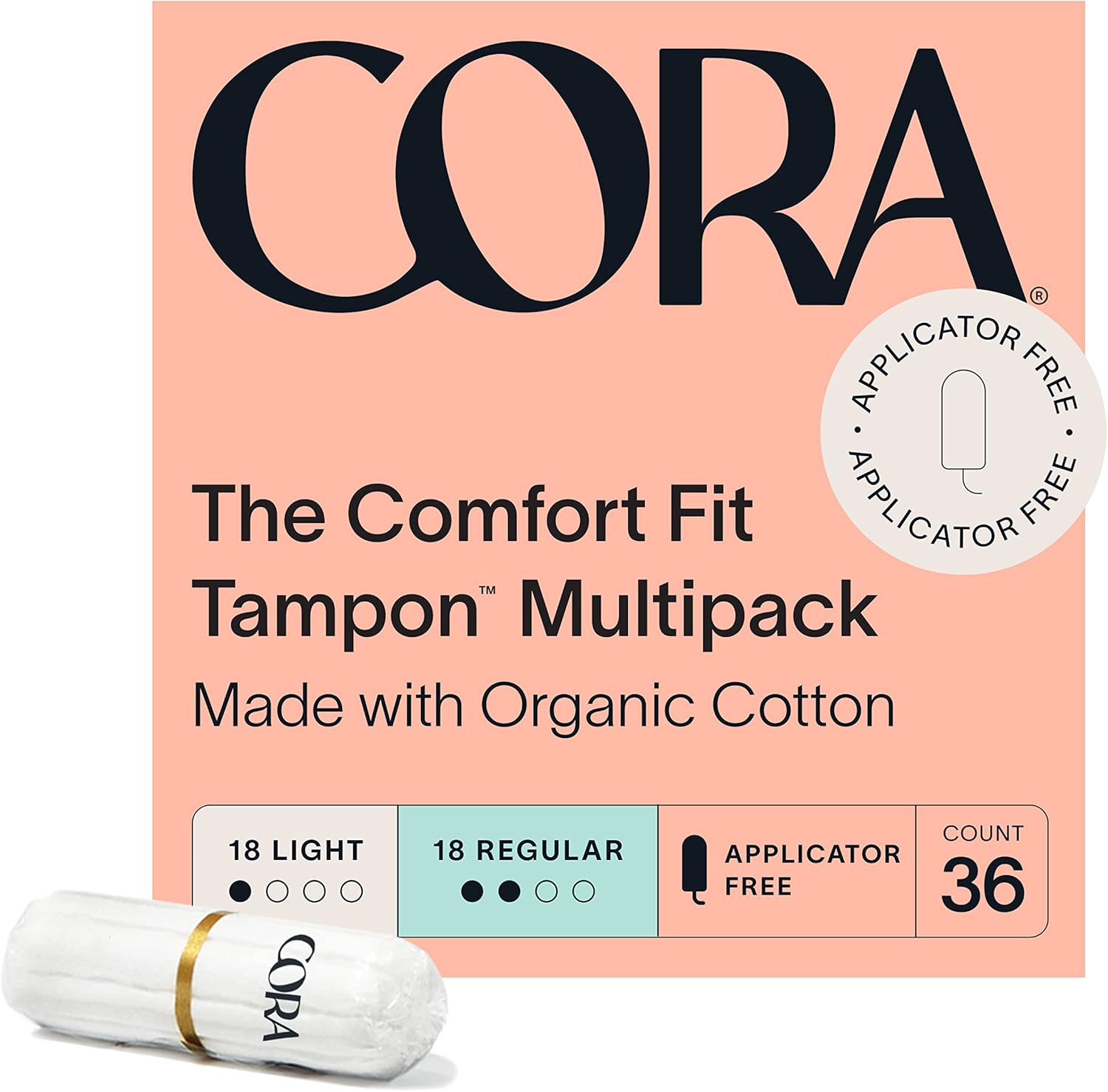 Cora Tampones orgánicos, sin aplicador, 100% algodón orgánico, ultraabsorbentes, sin perfume, natural, no tóxico, sin aplicador, ecológico (36
