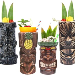 Tiki Mugs – Juego de 4 vasos grandes de cerámica hawaiana Luau para fiesta, lindos vasos de cóctel exóticos, Tiki Bar profesional hawaiano fiesta Tiki Mugs – Juego de 4 vasos grandes de cerámica hawaiana Luau para fiesta, lindos vasos de cóctel exóticos, Tiki Bar profesional hawaiano fiesta
