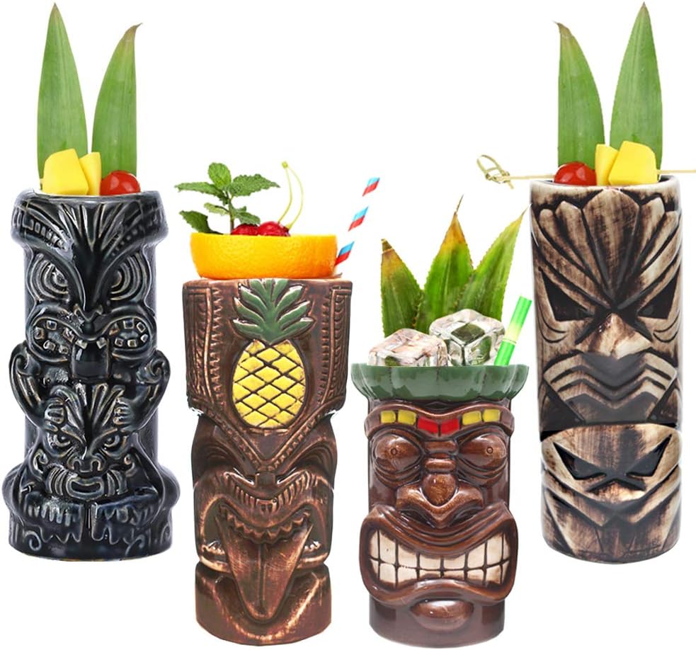 Tiki Mugs – Juego de 4 vasos grandes de cerámica hawaiana Luau para fiesta, lindos vasos de cóctel exóticos, Tiki Bar profesional hawaiano fiesta