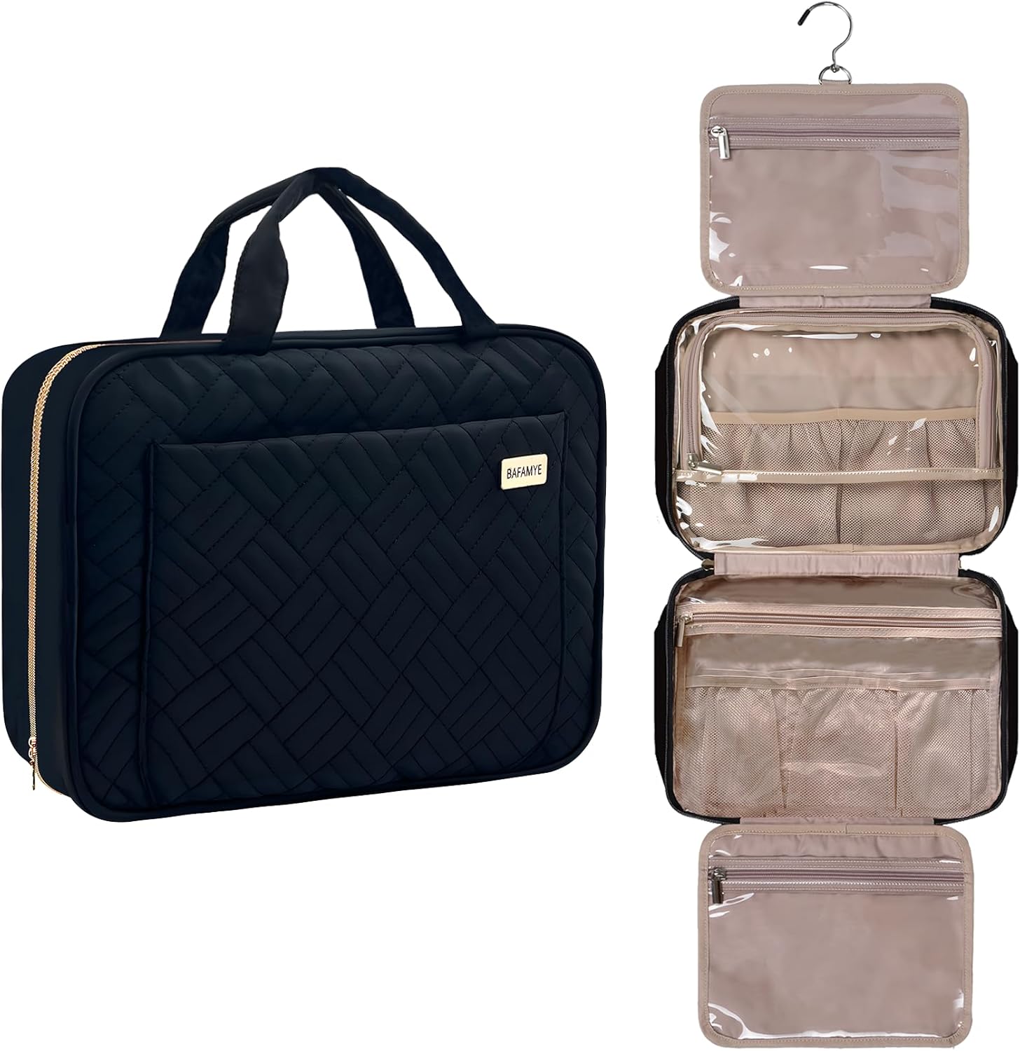 BAFAMYE Neceser de viaje para mujer, resistente al agua, bolsa de cosméticos para maquillaje, contenedor de tamaño completo con gancho para colgar