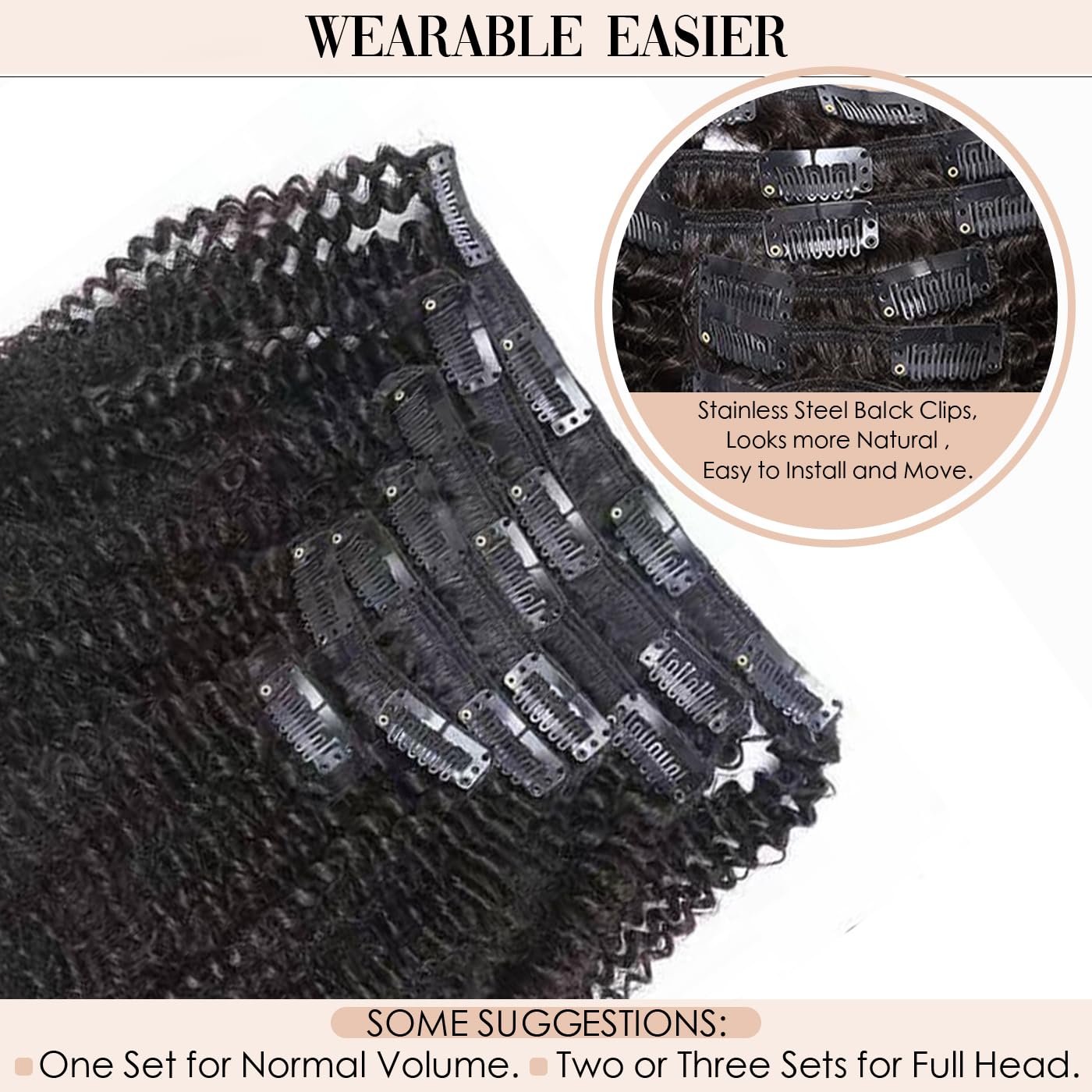 Caliee Extensiones de cabello humano con clip 3C y 4A, 100% virgen, para mujeres negras, afro, rizado, doble trama, 7 piezas, 20 pulgadas