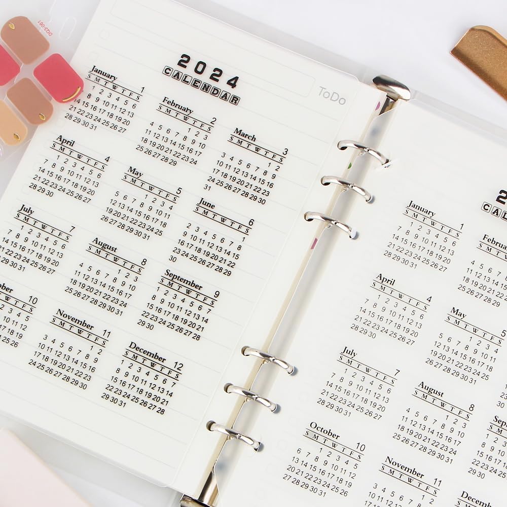 2 hojas de calendario 2024 separadores de carpetas A5 insertos de carpeta PP esmerilado transparente a5 6 anillas divisores de índice para