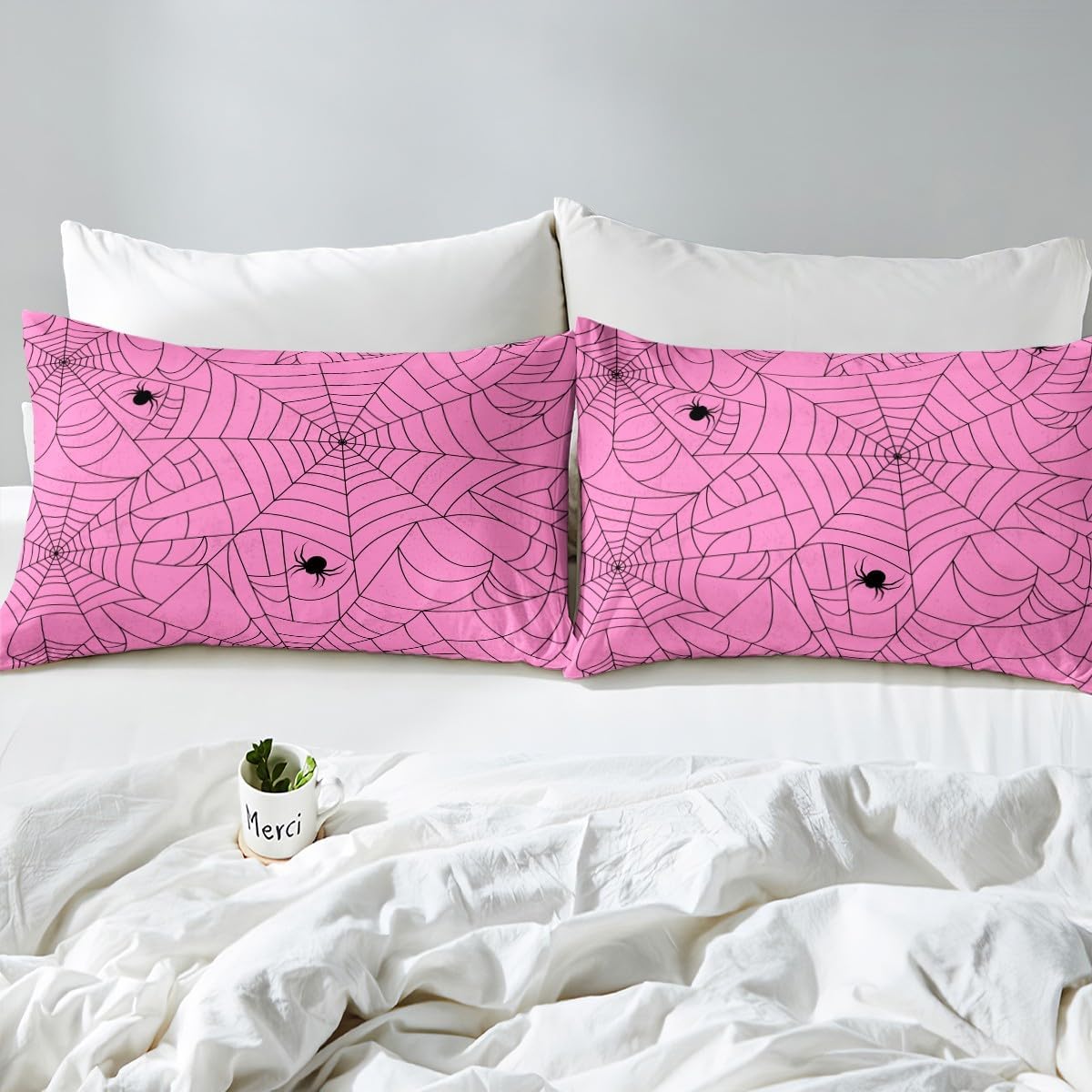 Feelyou Juego de funda de edredón rosa de Halloween, tamaño King, juego de ropa de cama de tela de araña para niños y niñas, juego de funda de