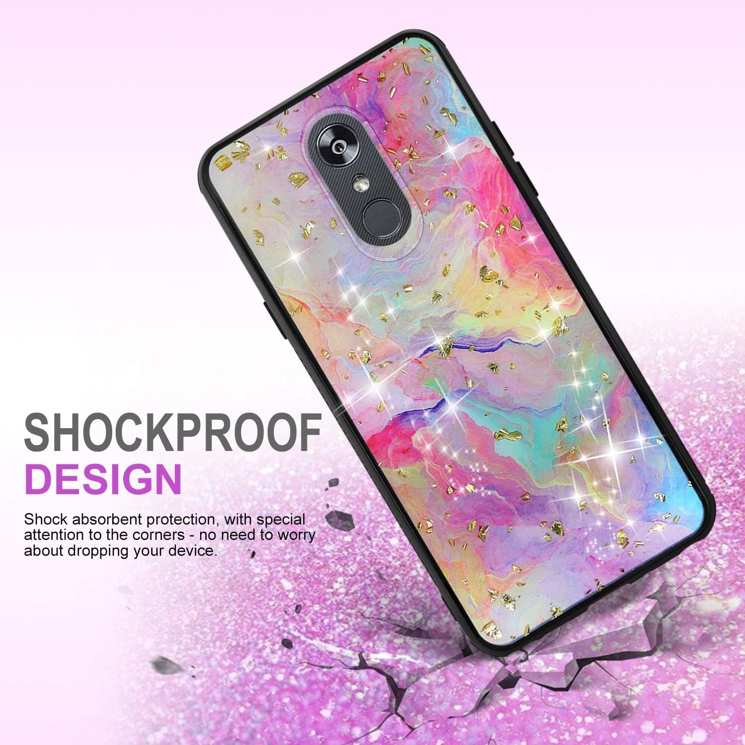 TJS Funda de teléfono celular para LG Stylo 55 Plus5V5X, arco iris, brillante, piel trasera, cuerpo completo, TPU suave parachoques