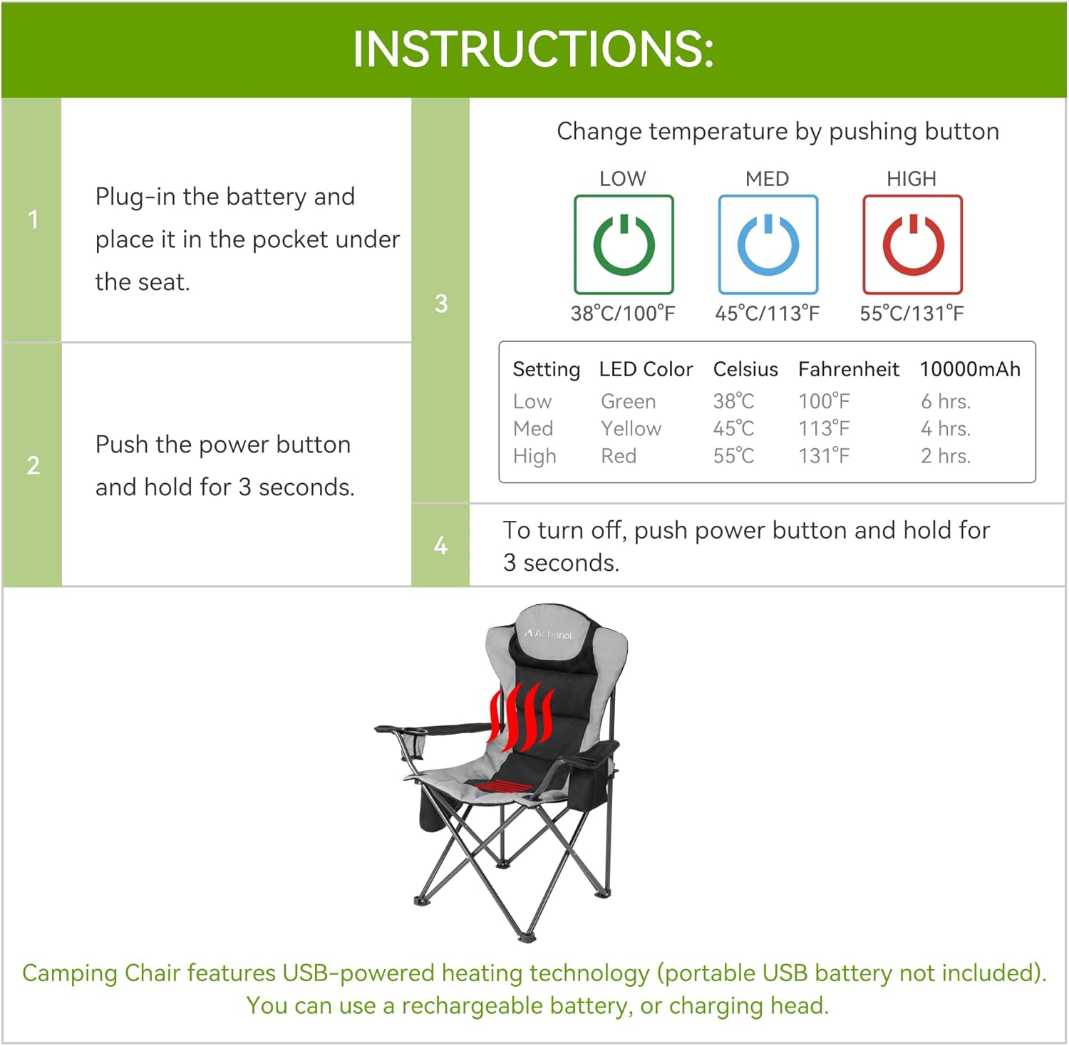 Silla de campamento con calefacción, paquete de 2 sillas de campamento para personas pesadas, sillas de campamento plegables al aire libre para