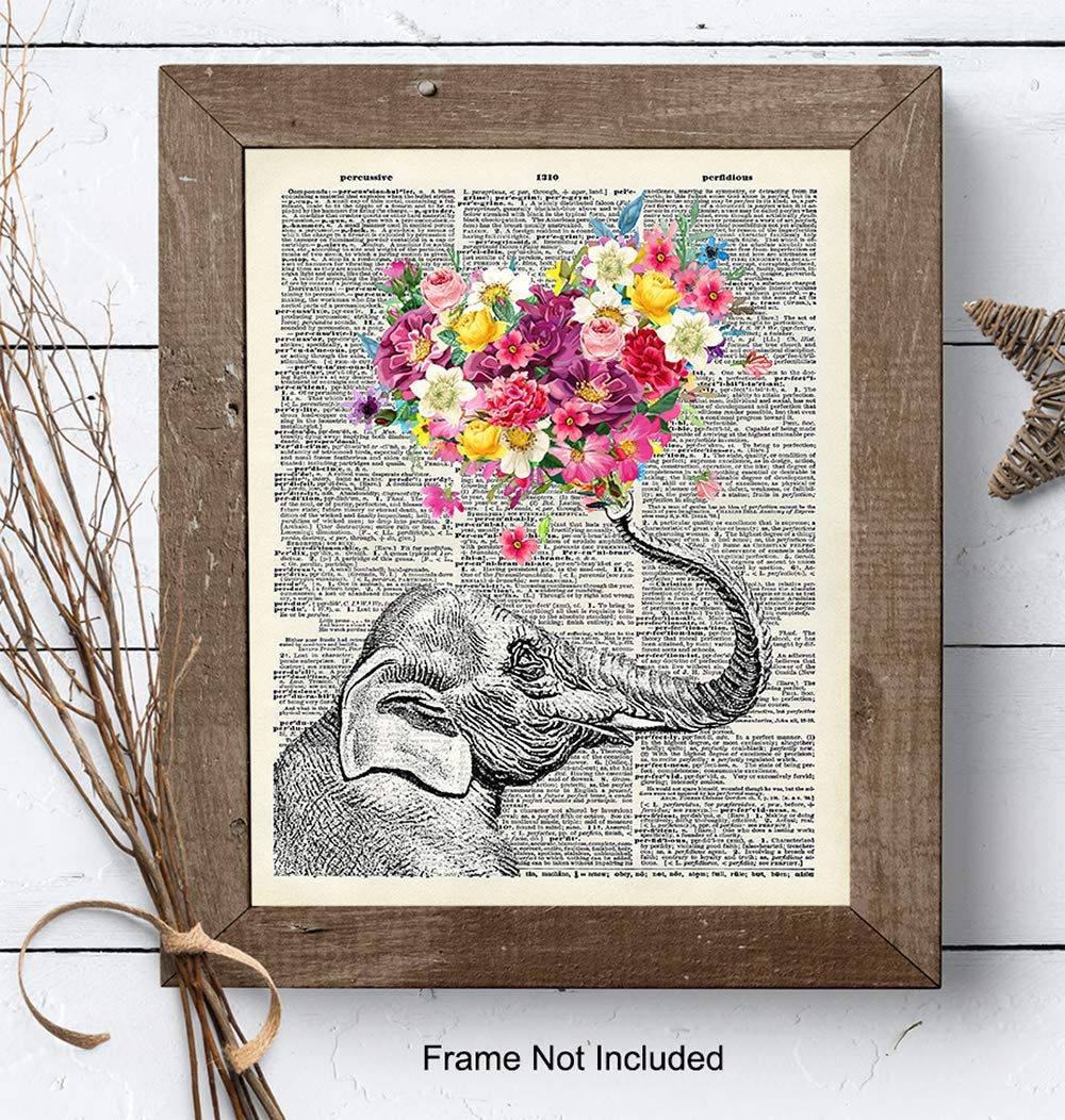 Elephant Dictionary Art Print – 8×10 Sweet Shabby Chic Poster for Home, Wall, Room Decor, Decoration, Bedroom, Bathroom – Cool, Unique Romantic Gift