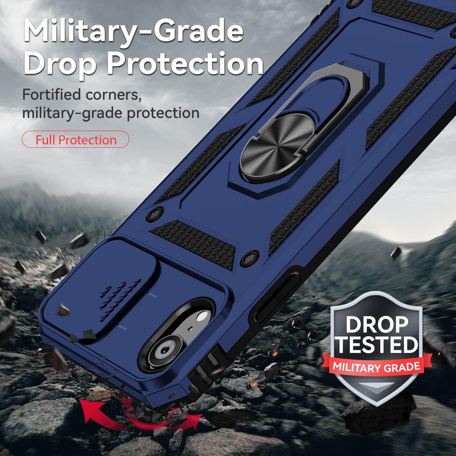 Funda para iPhone XR, con cubierta para lente de cámara, protector de pantalla HD, grado militar anillo de montaje en coche, soporte híbrido de