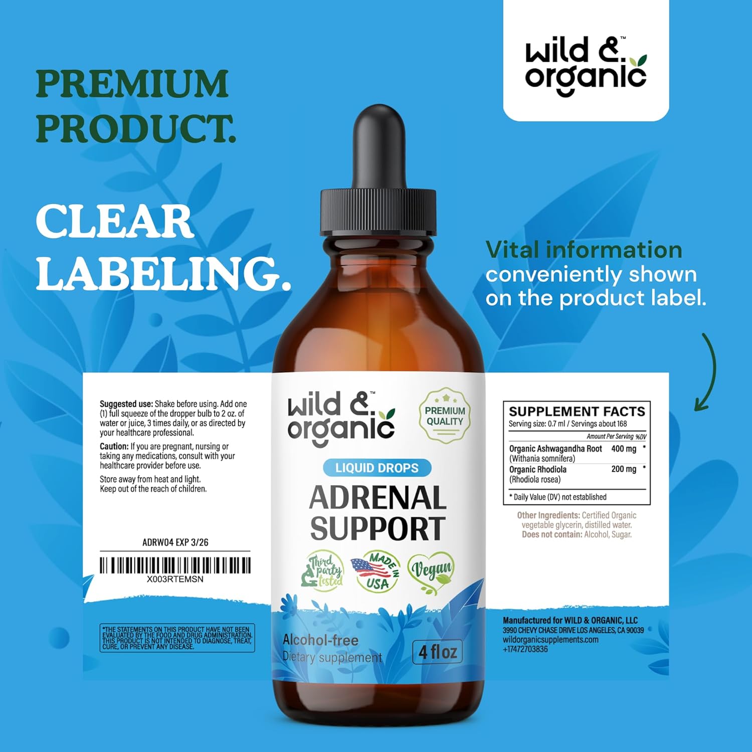 Adrenal Health Daily Support – Suplemento natural de fuerza suprarrenal para mujeres y hombres – Complejo de gotas líquidas suprarrenales con