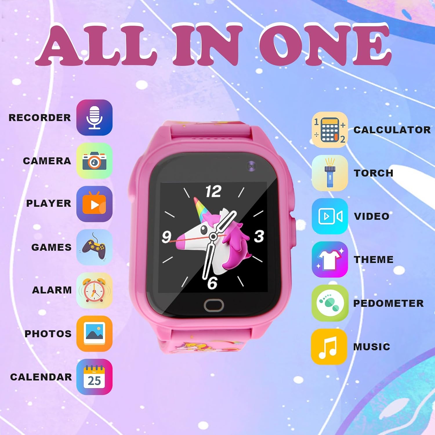 Reloj inteligente para niños, con 26 juegos de rompecabezas, pantalla táctil, cámara, reproductor de música, podómetro, despertador, calculadora de
