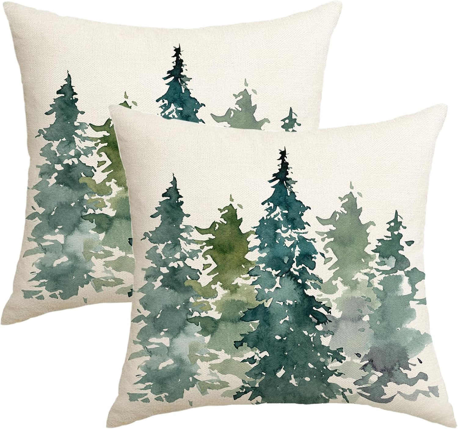 Juego de 2 fundas de almohada de árbol de Navidad verde oscuro de 18 x 18 pulgadas, diseño de acuarela de bosque natural, para exteriores, invierno,