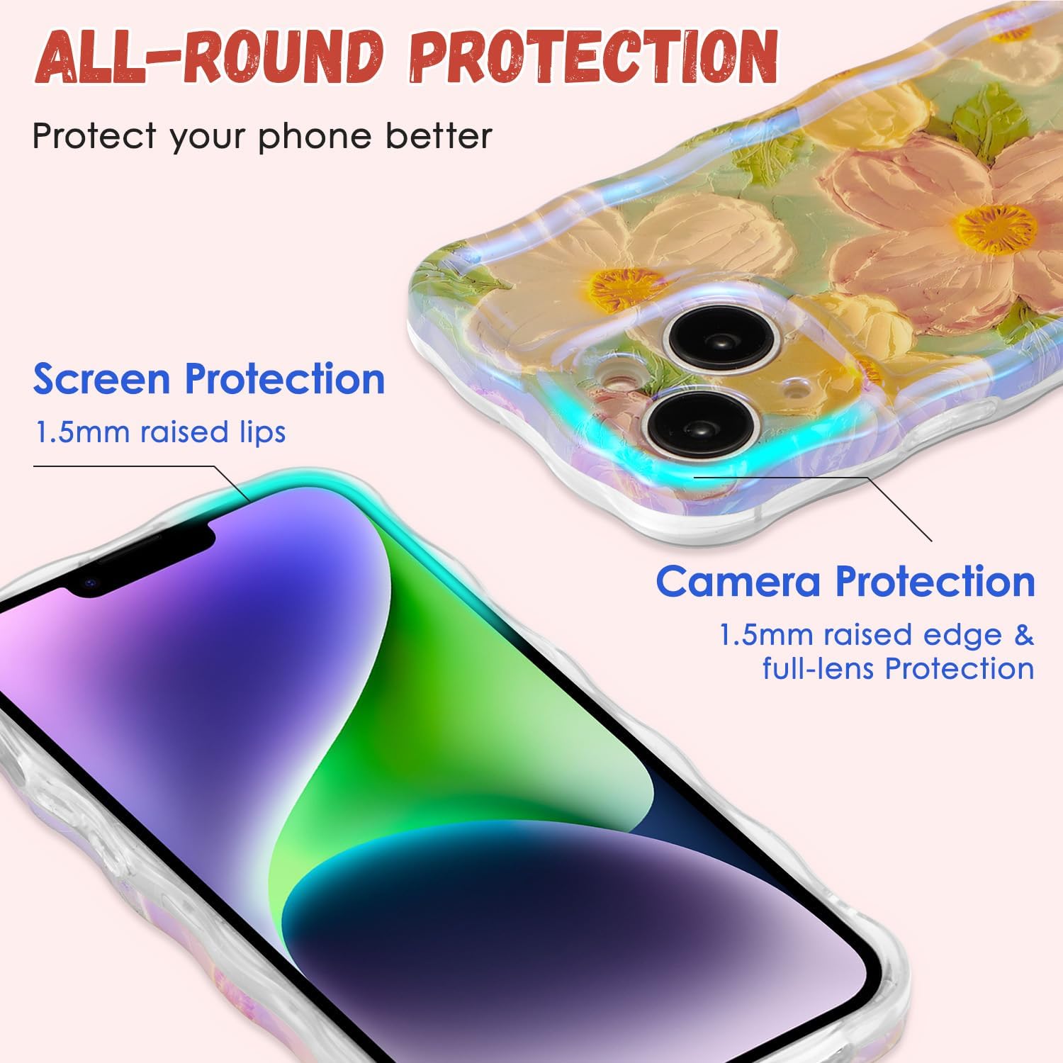 QLTYPRI Funda para iPhone 13, colorido láser retro pintura al óleo patrón de flores, lindo marco de onda rizada, exquisita funda para teléfono para