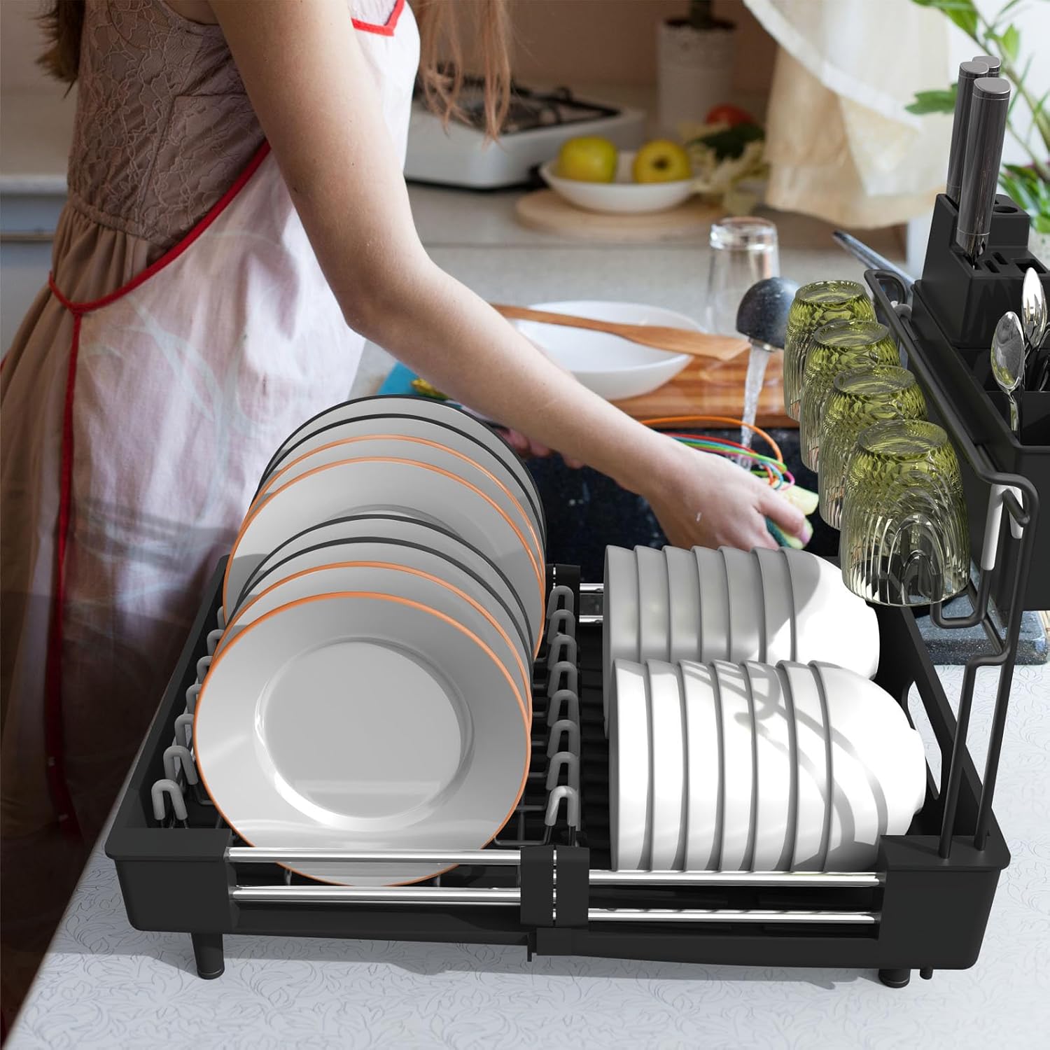 Ollieroo Escurridor de platos, resistente al óxido para encimera de cocina con soporte extraíble para utensilios, ranuras para cuchillos y soporte