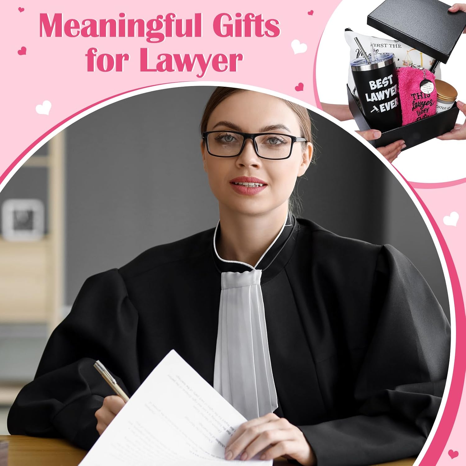 Loetere 7 piezas de regalos de abogados para mujeres, incluyen vaso de café de acero inoxidable de 20 onzas, calcetines de abogado, llavero, velas