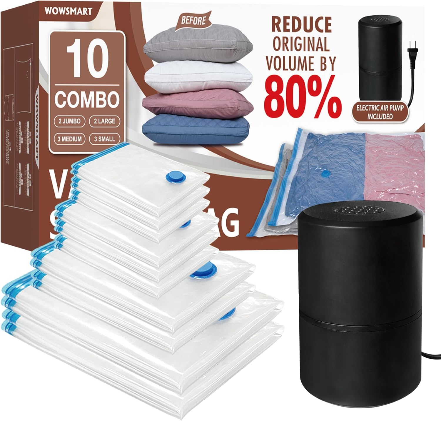 10 bolsas de almacenamiento al vacío con bomba eléctrica, bolsas de almacenamiento selladas al vacío (2Jumbo2L3M3S), bolsas de sellado al vacío