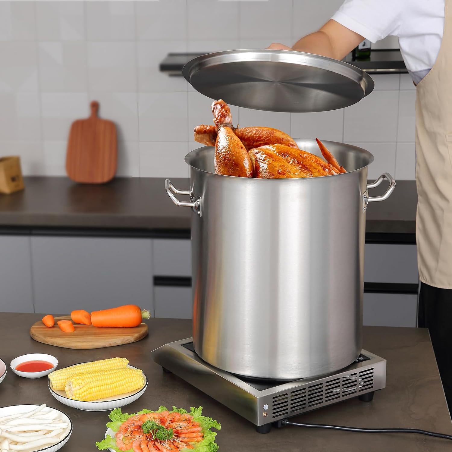 VEVOR Olla de acero inoxidable 188, ollas de cocina grandes de 42 cuartos de galón, olla multiusos con base compuesta, olla de grado comercial