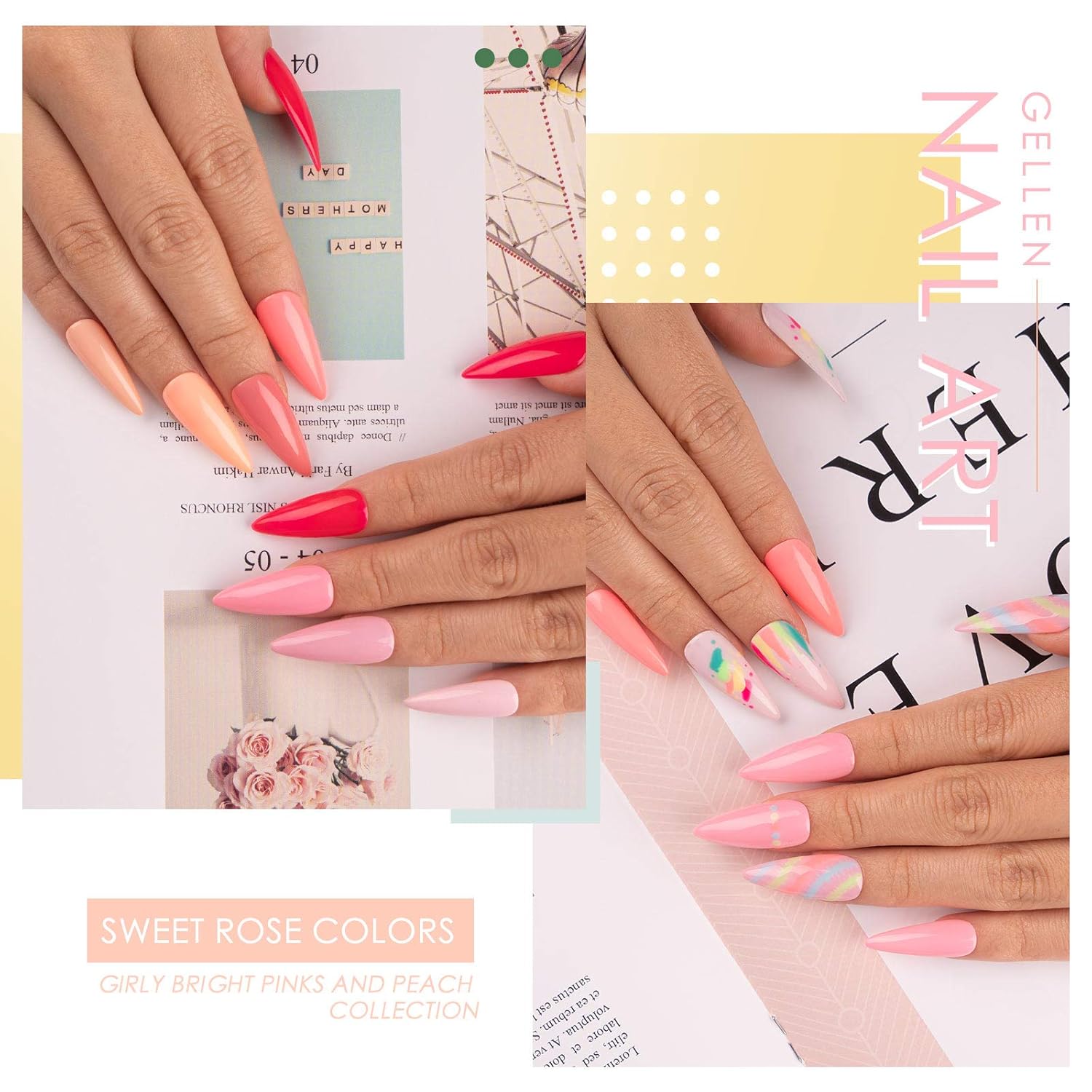 Gellen Kit de esmalte de uñas de gel, juego de 16 esmaltes de uñas de caramelo arcoíris con capa base superior, esmalte de gel rosa intenso