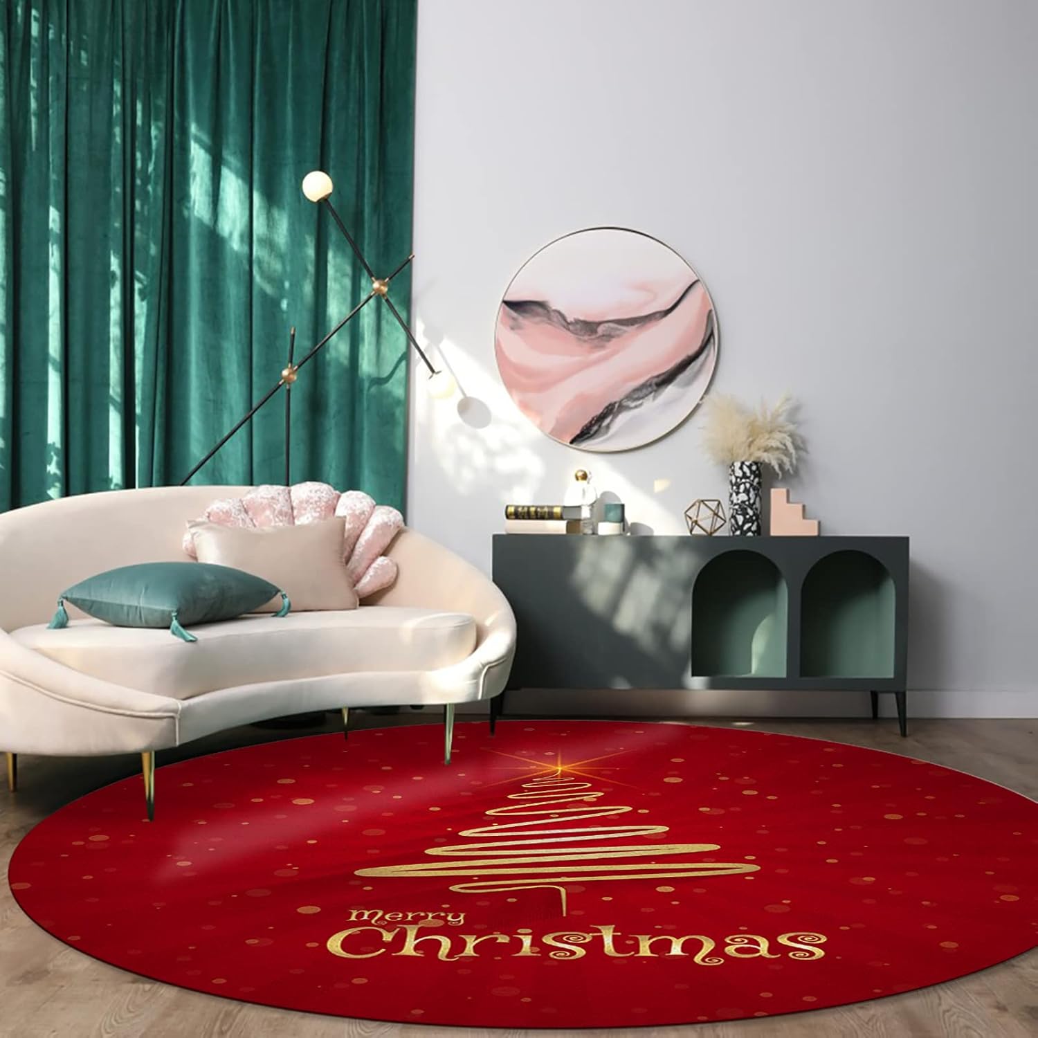 Alfombra redonda con diseño de árbol de Navidad, 4 pies, color rojo y dorado, alfombra circular antideslizante, lavable, para niños, sala de estar,