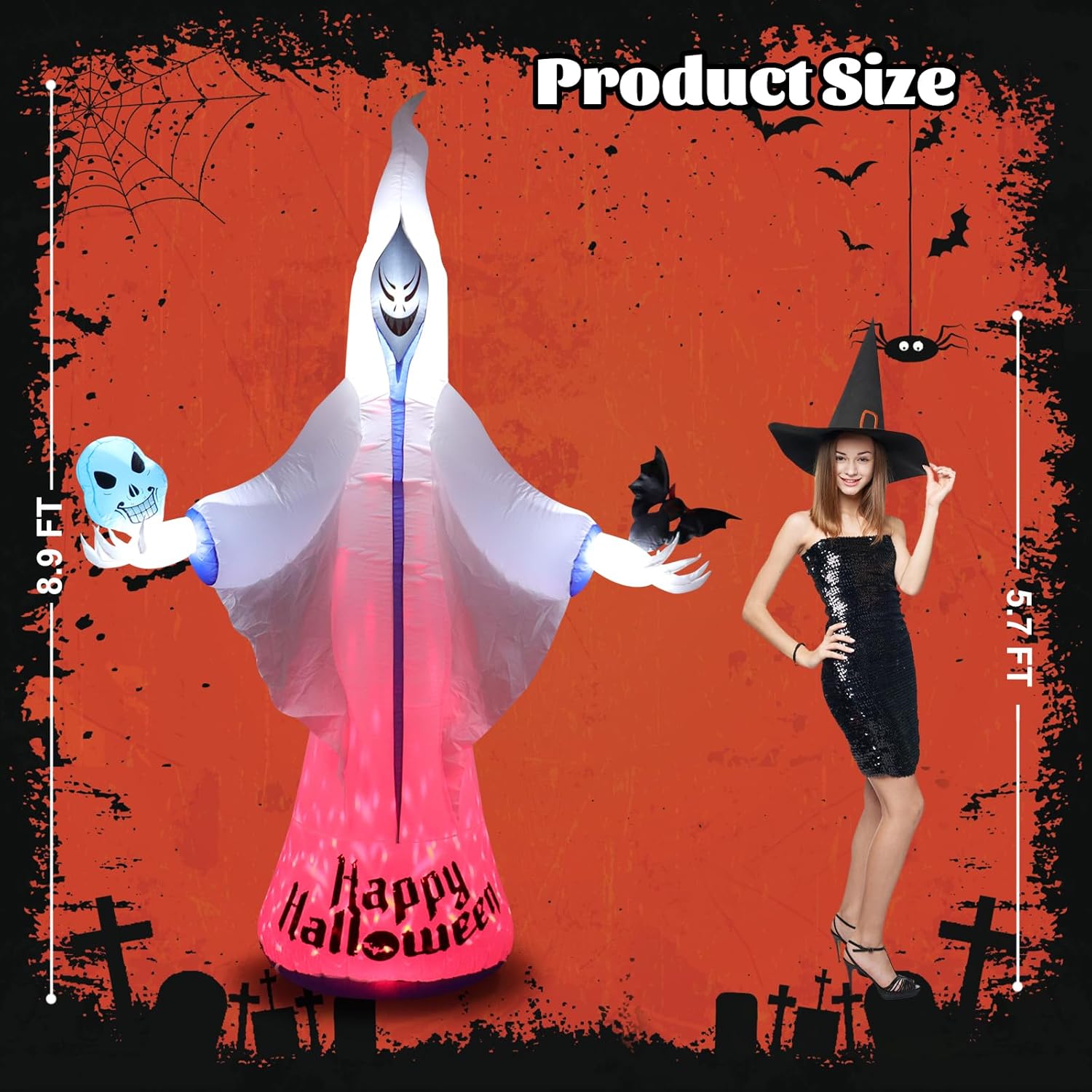 Decoraciones inflables de fantasma blanco de Halloween de 9 pies, decoraciones inflables de Halloween al aire libre con luces LED, patio inflable de